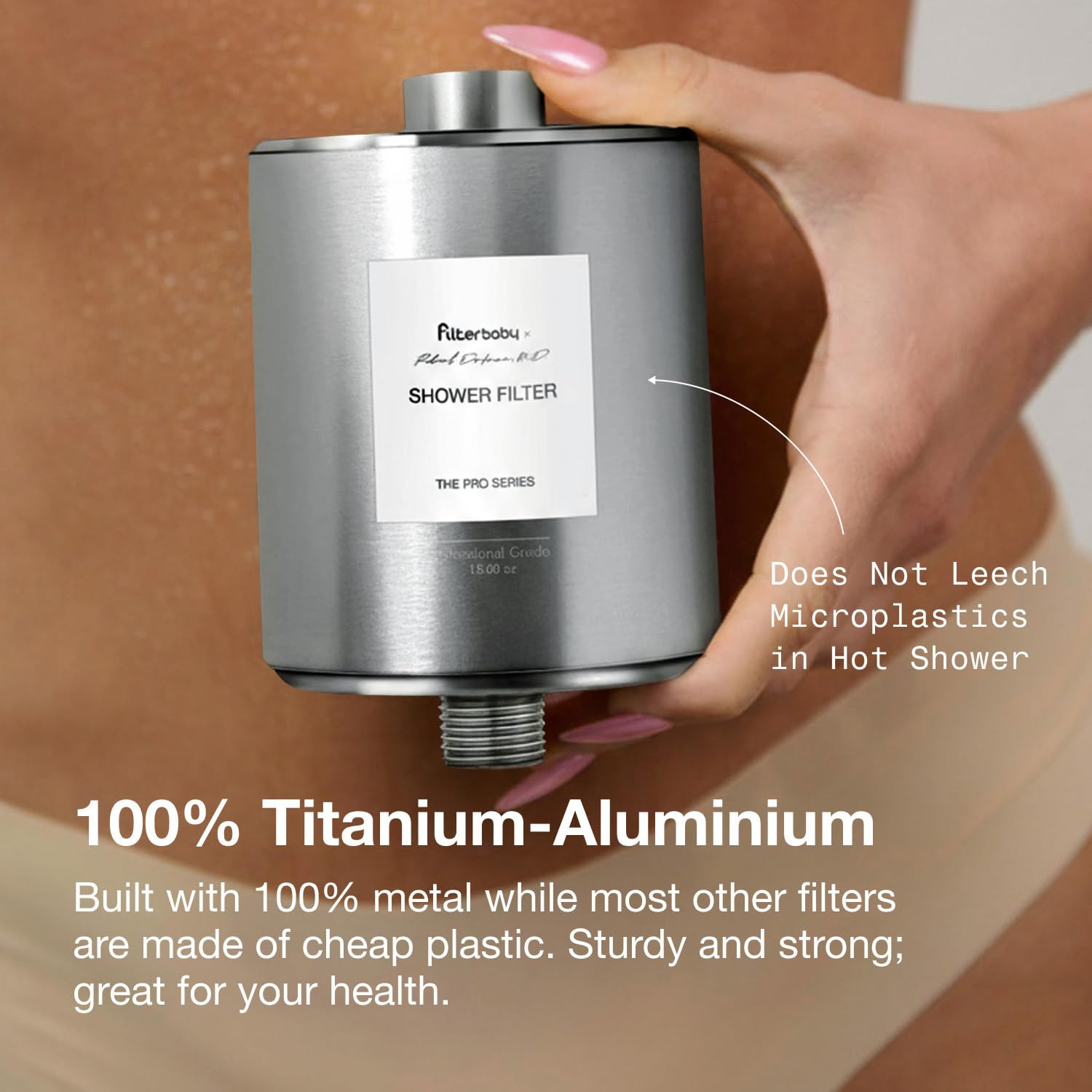 Filterbaby Titanium Shower Filter Pro durable leak-proof design in metal housing.