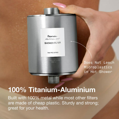 Filterbaby Titanium Shower Filter Pro durable leak-proof design in metal housing.