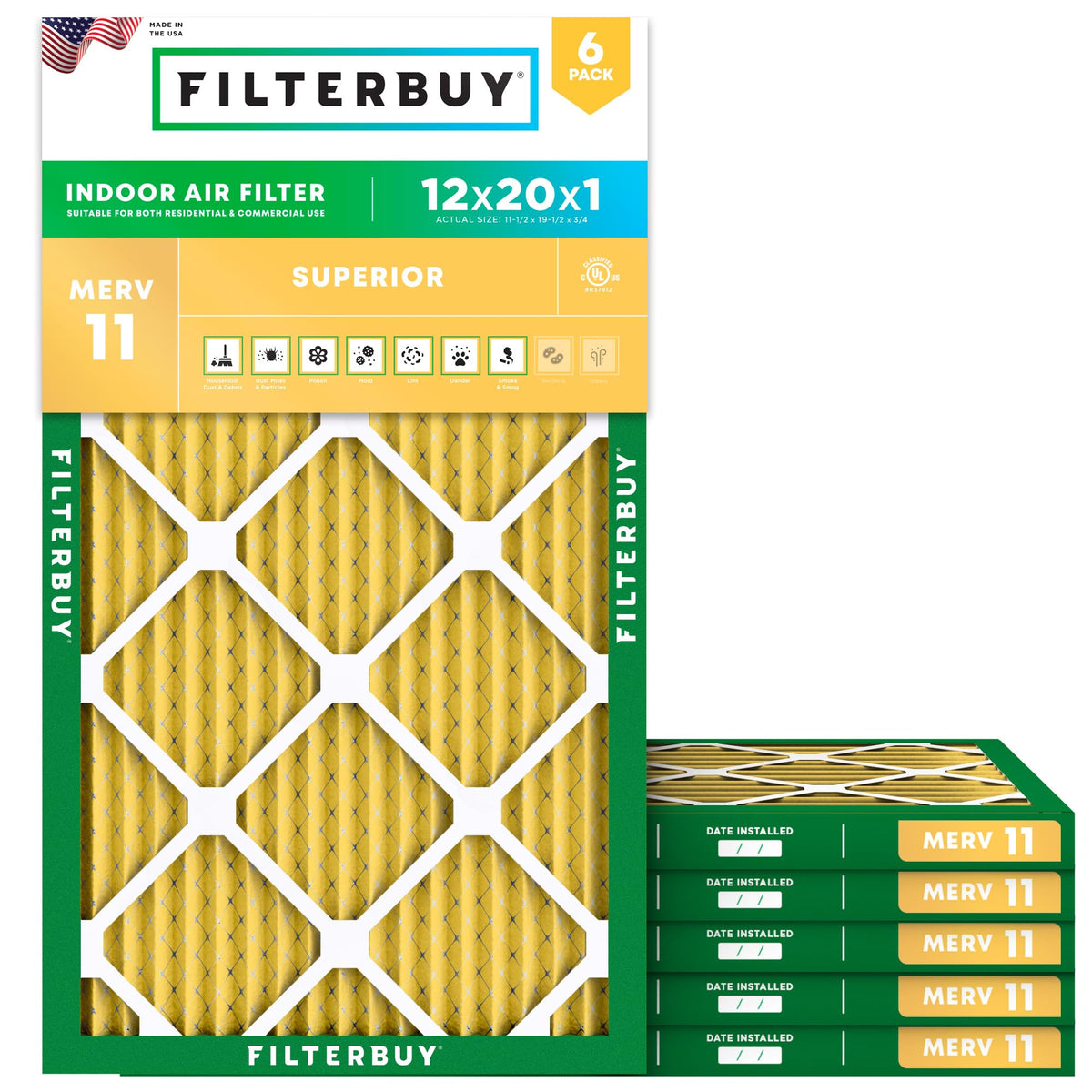 Filterbuy 12x20x1 air filter package showing universal HVAC compatibility and easy replacement.