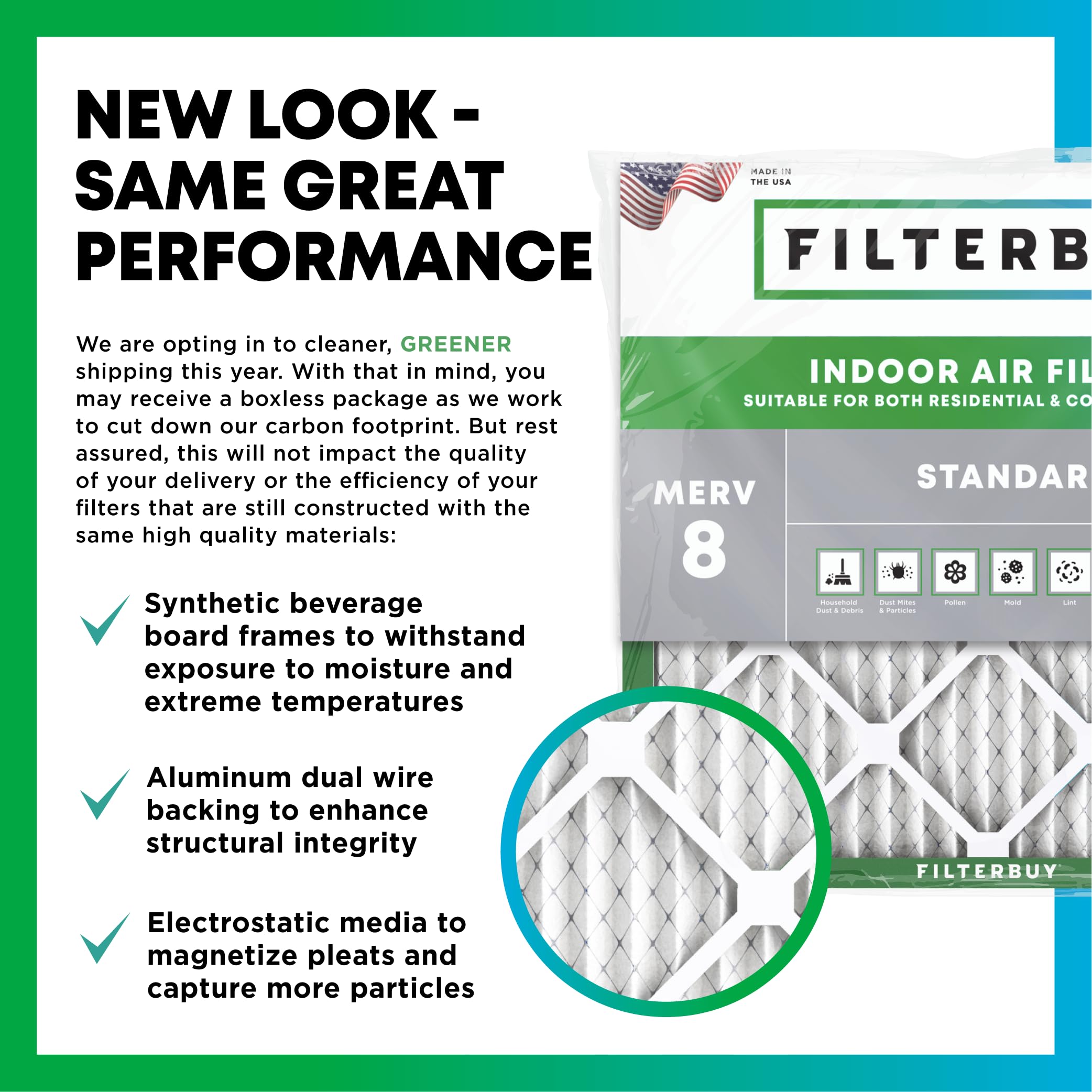 Filterbuy air filter close-up of electrostatic pleats for long-lasting filtration.