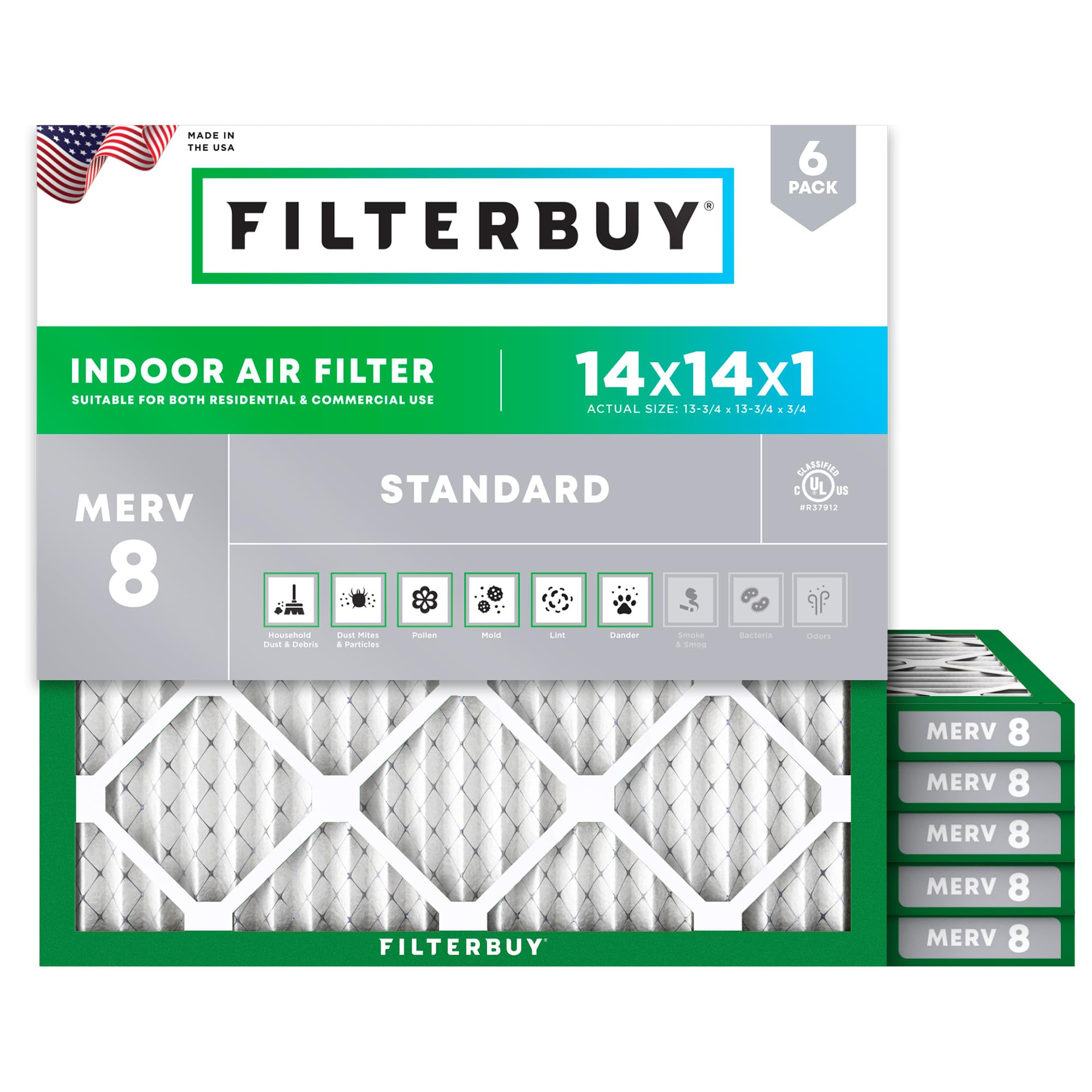 Filterbuy 14x14x1 air filter front view with pleated media for better air quality.