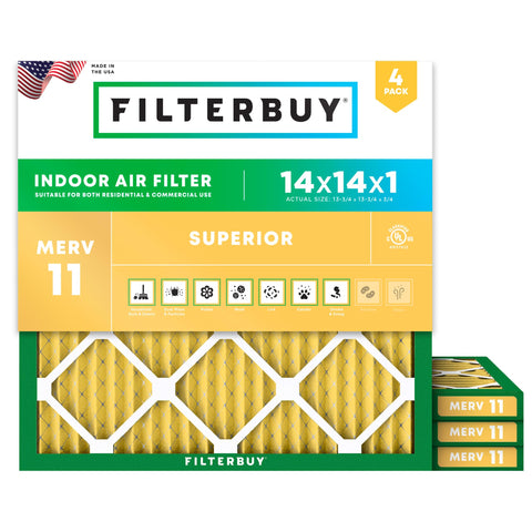 Filterbuy 14x14x1 air filter with MERV 11 improves pet dander and dust capture.