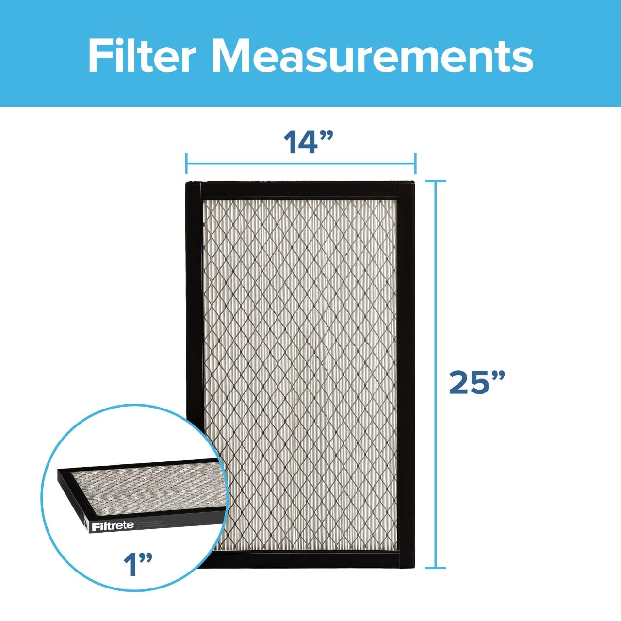 Filtrete 14x25x1 air filter side view demonstrates pleated media for dense capture