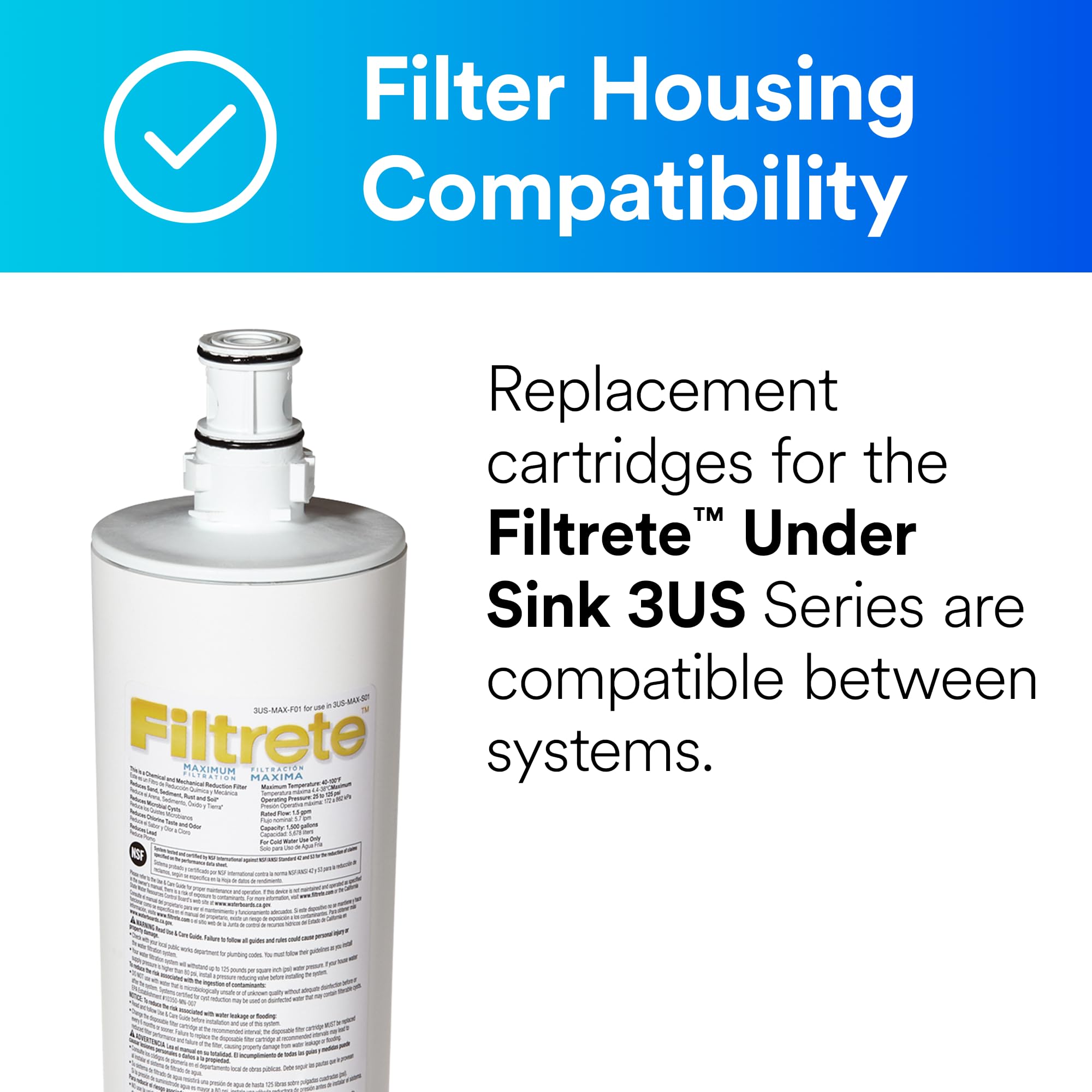 Front view of Filtrete 3US-MAX-F01 compact under-sink filter for kitchen or bath