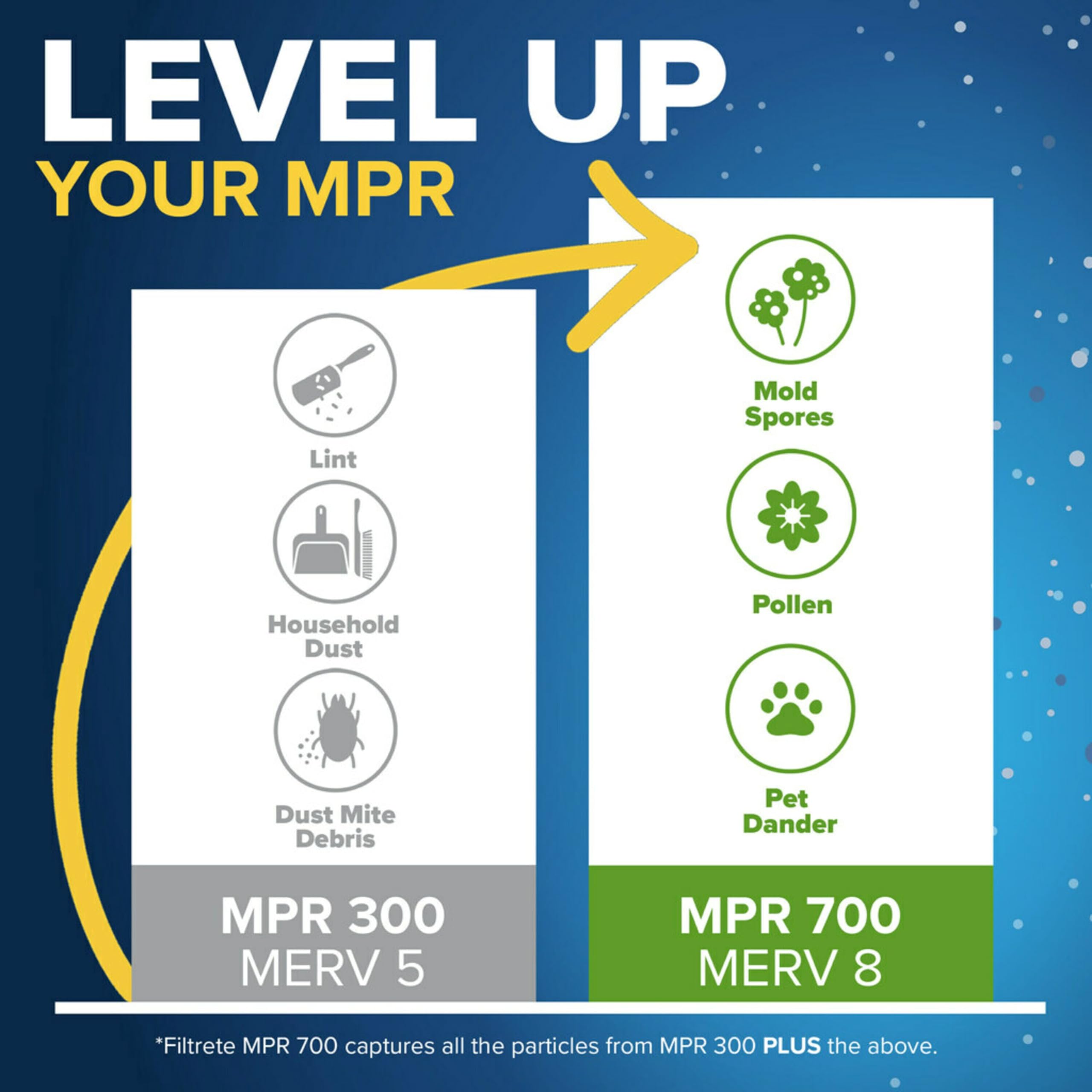 Filtrete MPR 300 and MERV 5 capture dust and lint effectively.