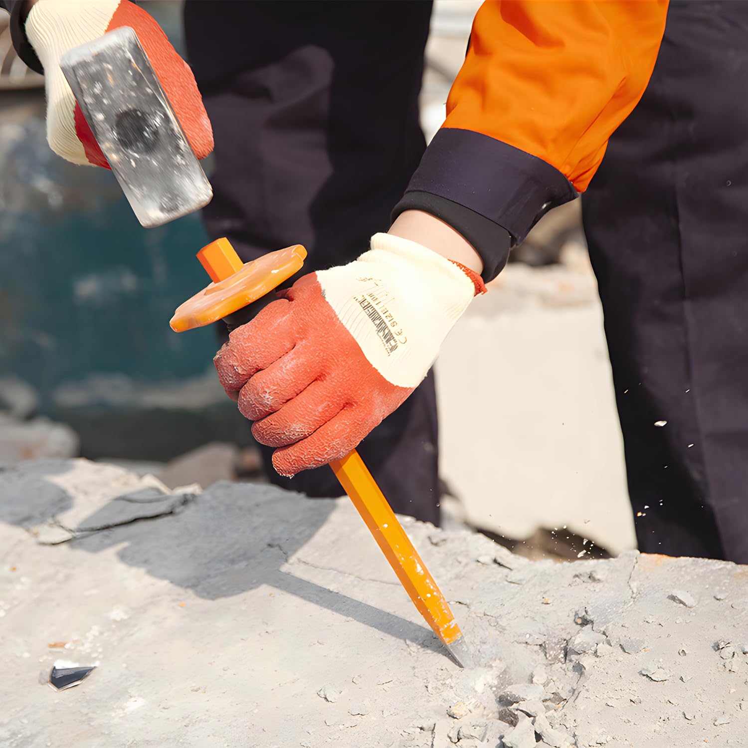 Finder masonry chisel in action for stone and concrete shaping tasks.