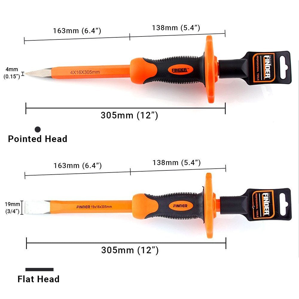 Finder chisel with soft rubber handle provides non-slip comfort during long tasks.
