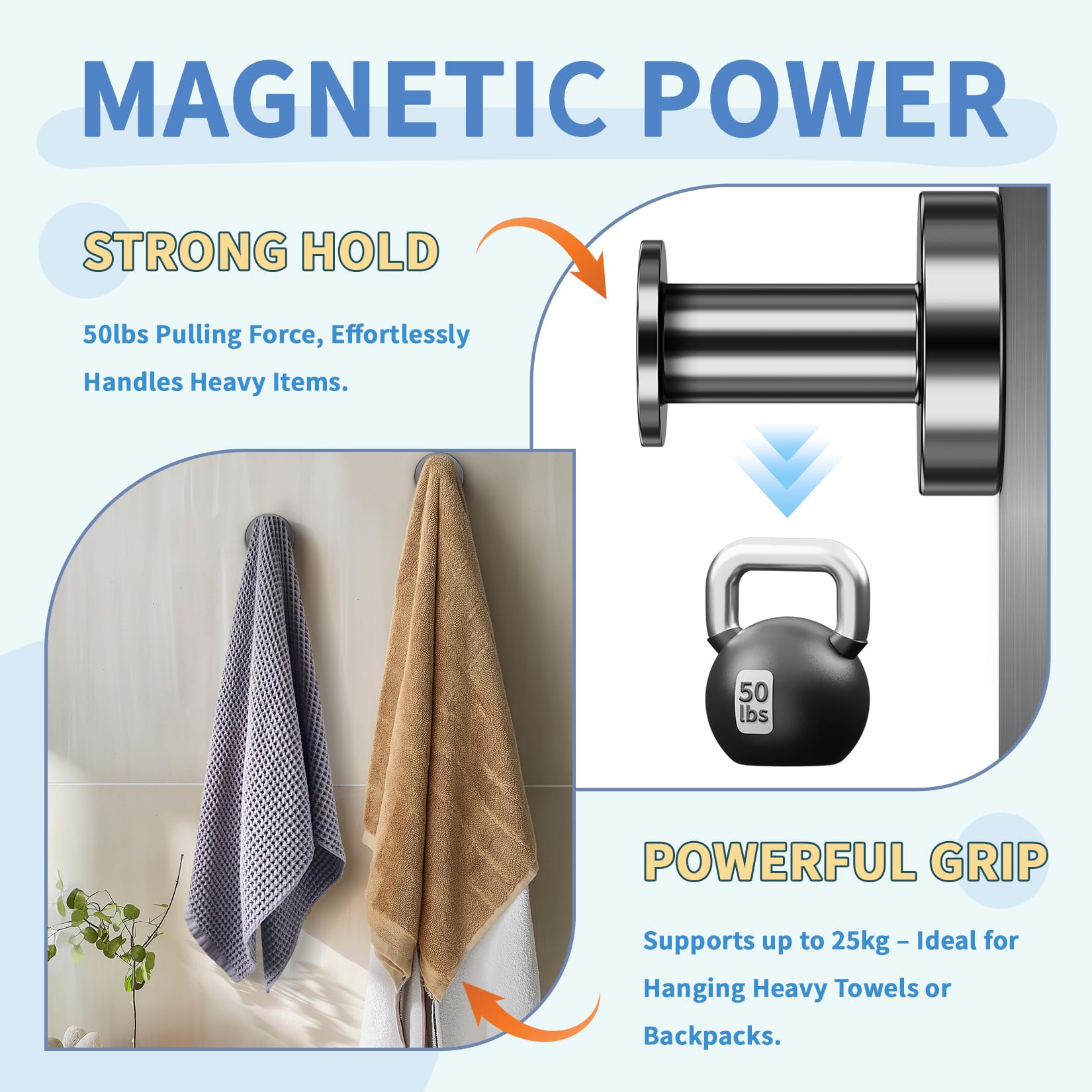 FINDMAG heavy-duty magnetic hooks attached to a metal door for secure hanging.