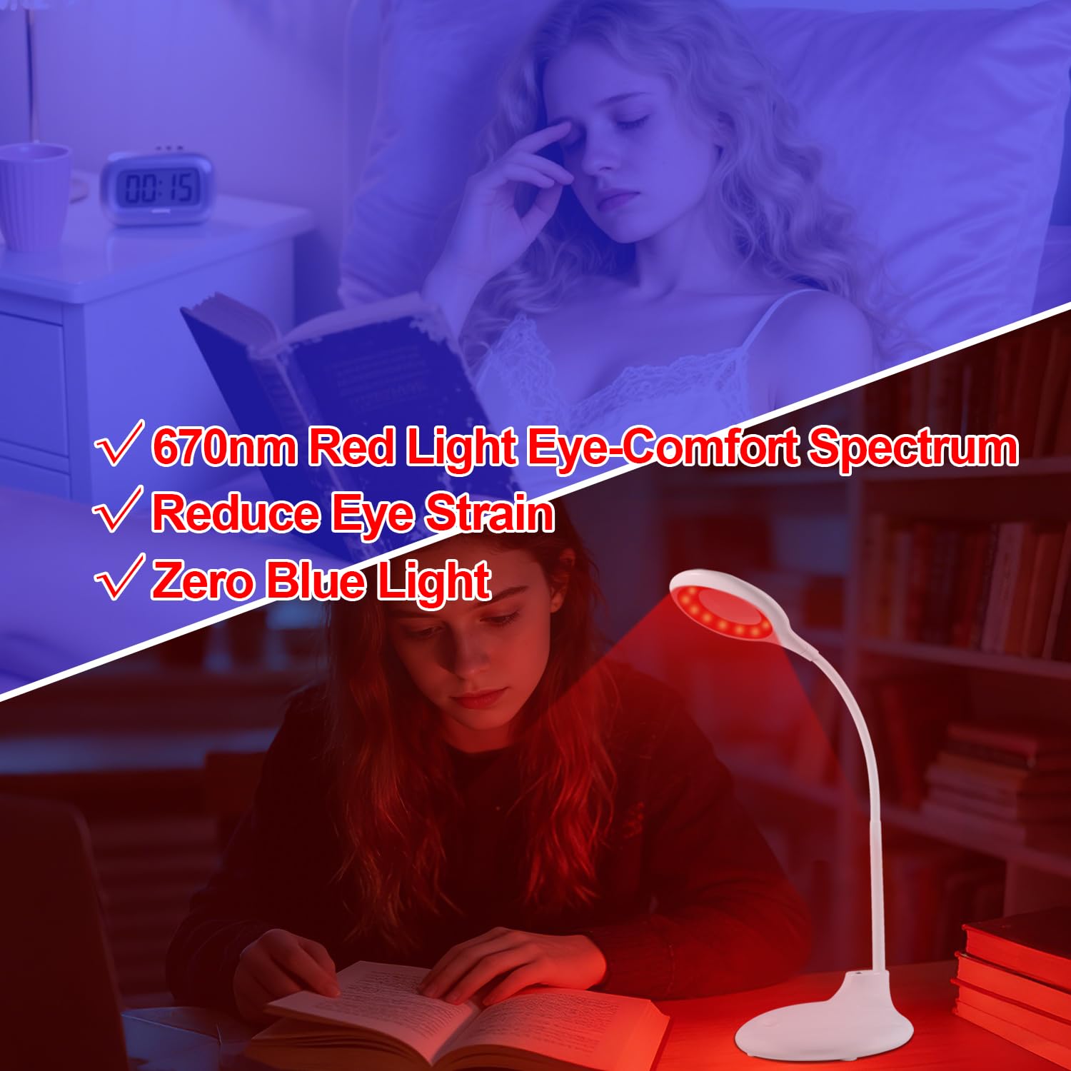 Finezeal dimmable 670nm red light for comfortable late-night reading.