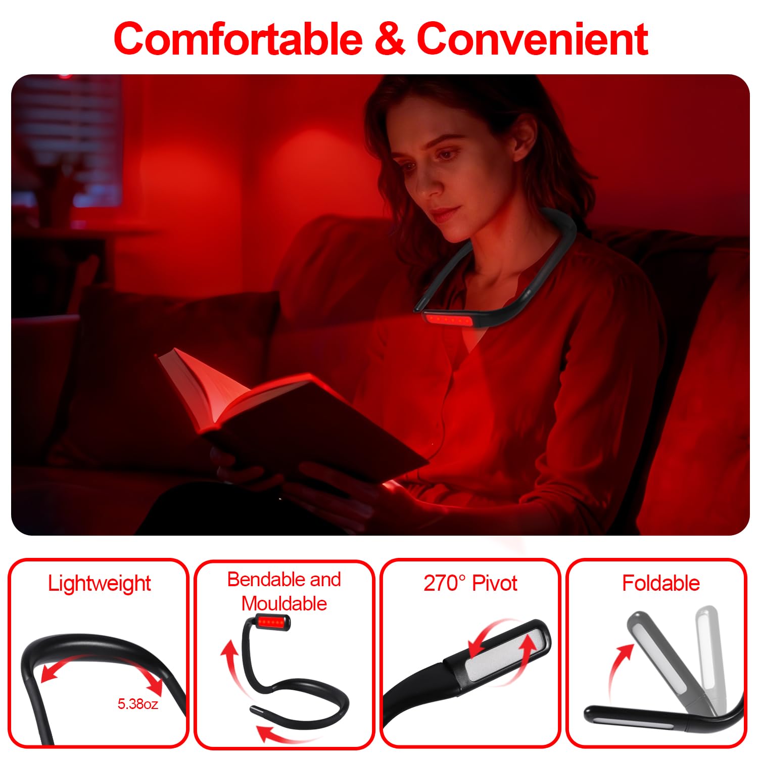 Finezeal portable neck lamp in use for hands-free reading sessions.