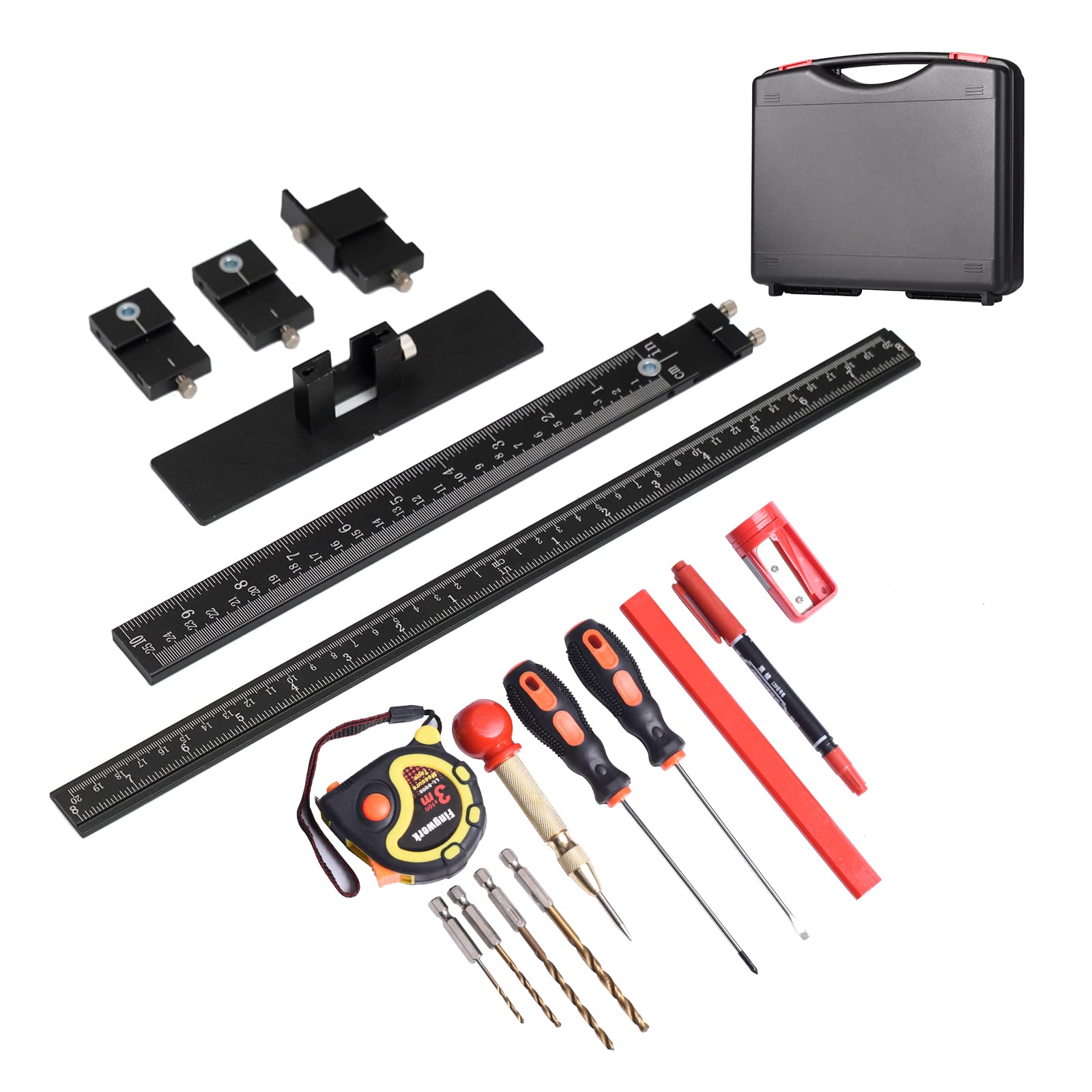 Fingwerk measuring tape and magnetic screwdriver set support layout and fast assembly.