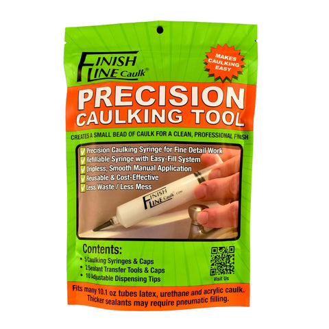 Finish Line Caulk dripless syringe minimizes mess in tight corners.