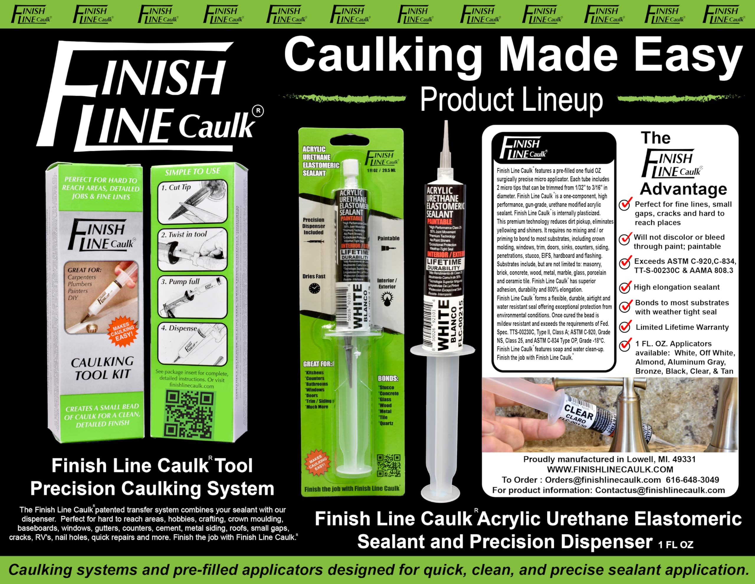 Finish Line Caulk kit imagery highlights on-site touch-up versatility.
