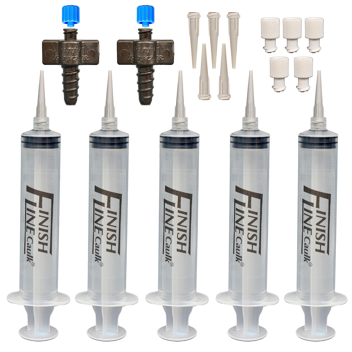 Finish Line Caulk syringe applicator delivers precise baseboard lines.