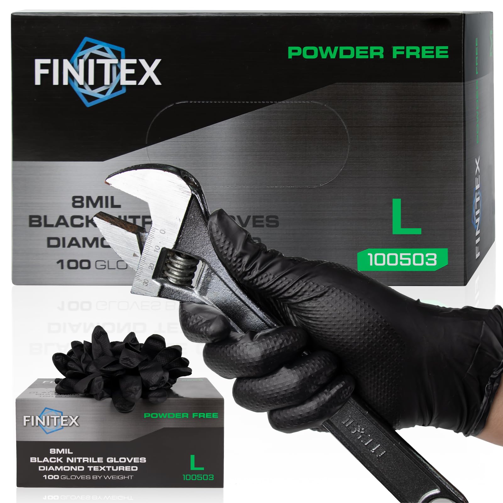 FINITEX heavy-duty black nitrile gloves in a 100-pack for tough tasks.