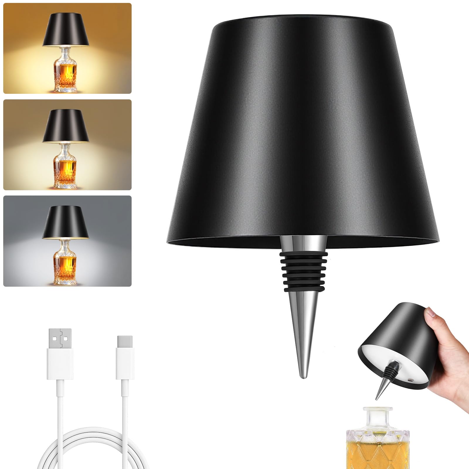 Fintoriel bottle lamp with black shade and metal base creates elegant mood on a table.