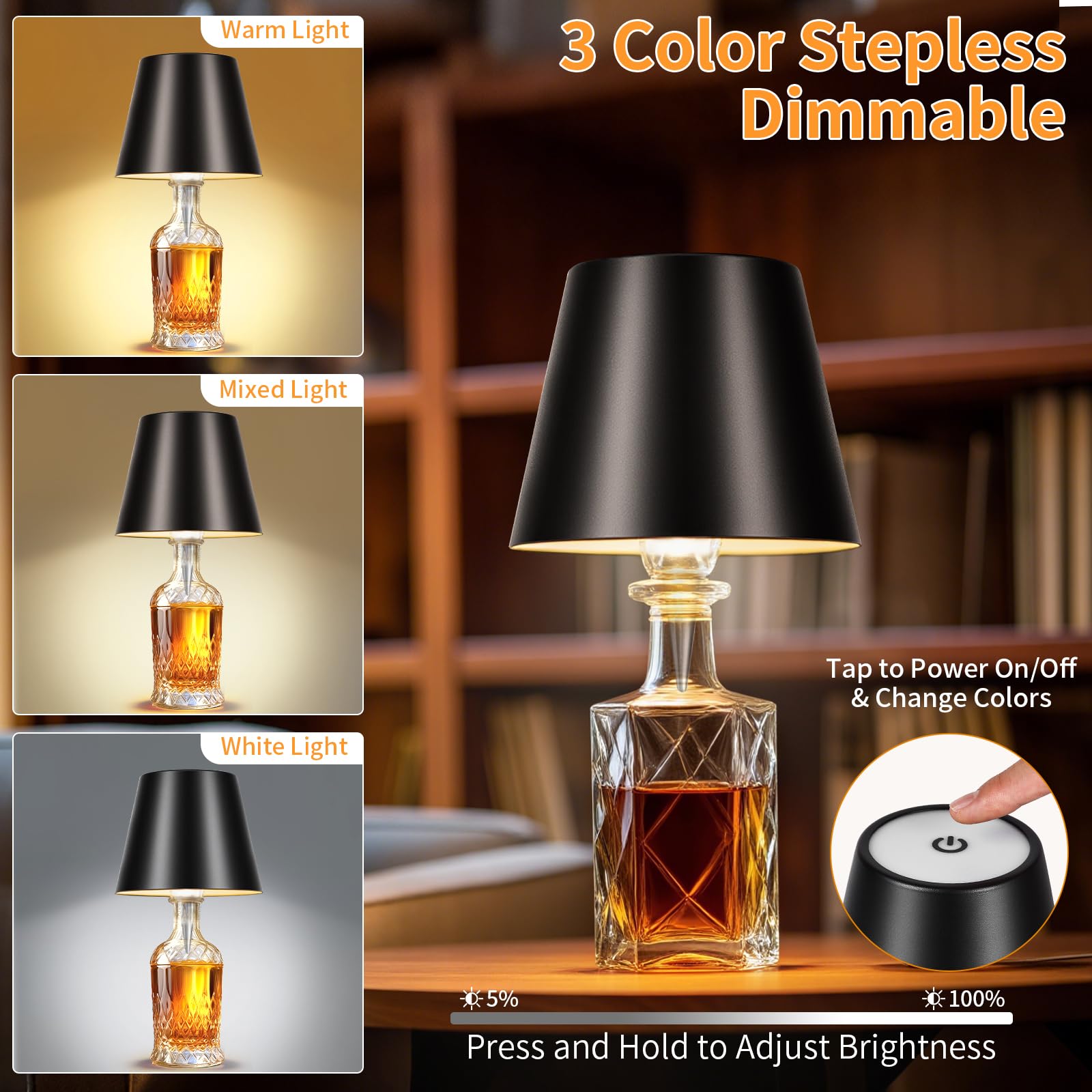 Fintoriel rechargeable bottle lamp shows 3 color options for versatile lighting.