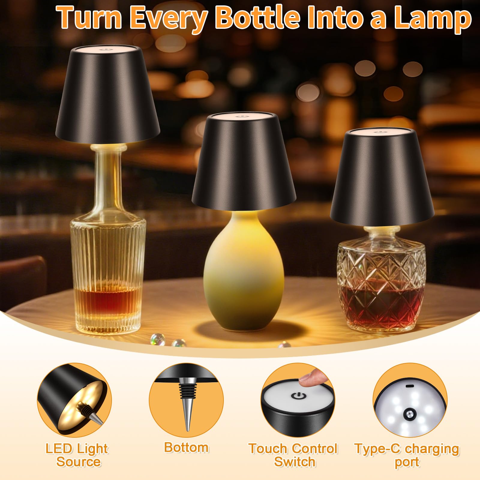 Fintoriel lamp on table pairs well with wine bottles for décor.