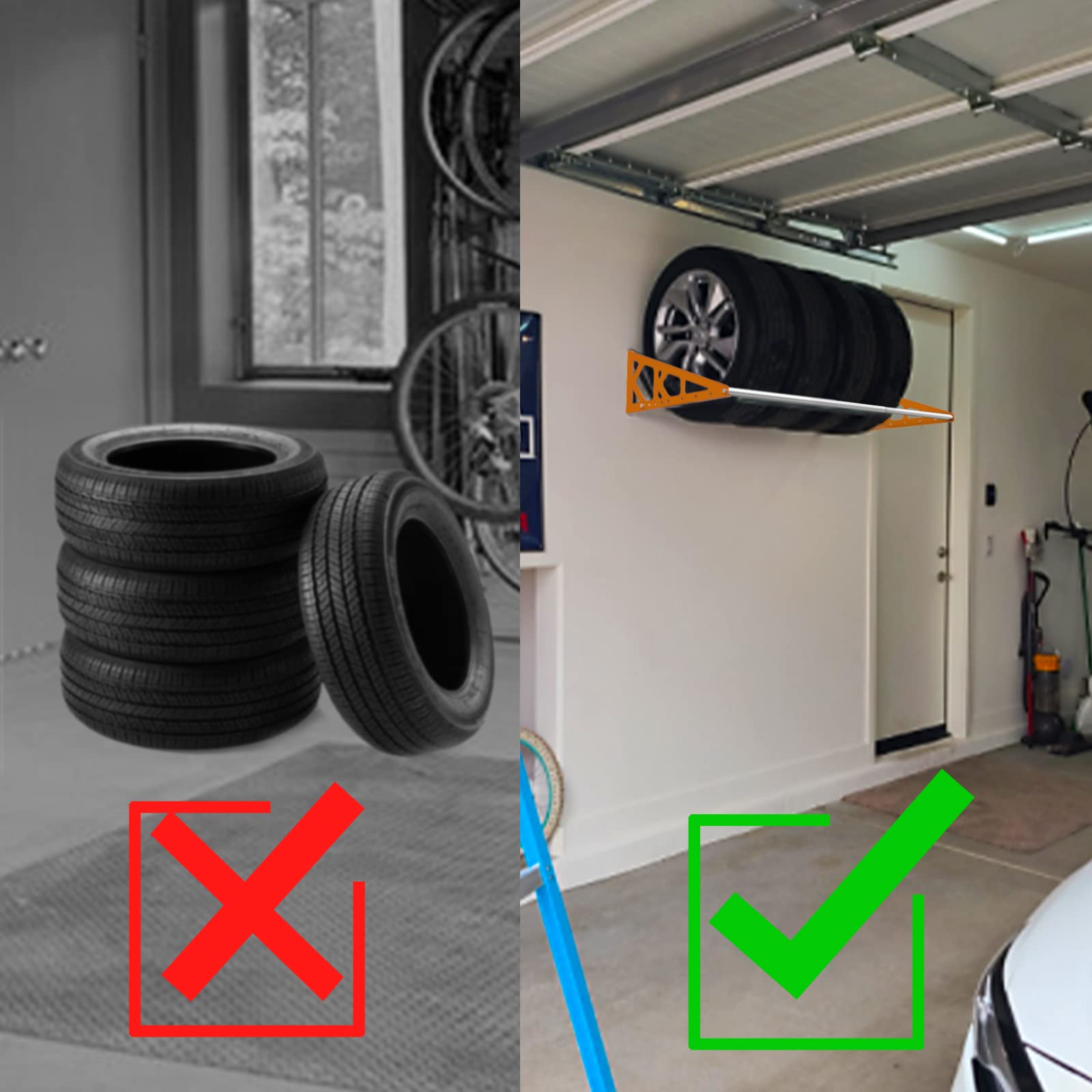 Fioracl rack holding seasonal or RV tires for practical space management.