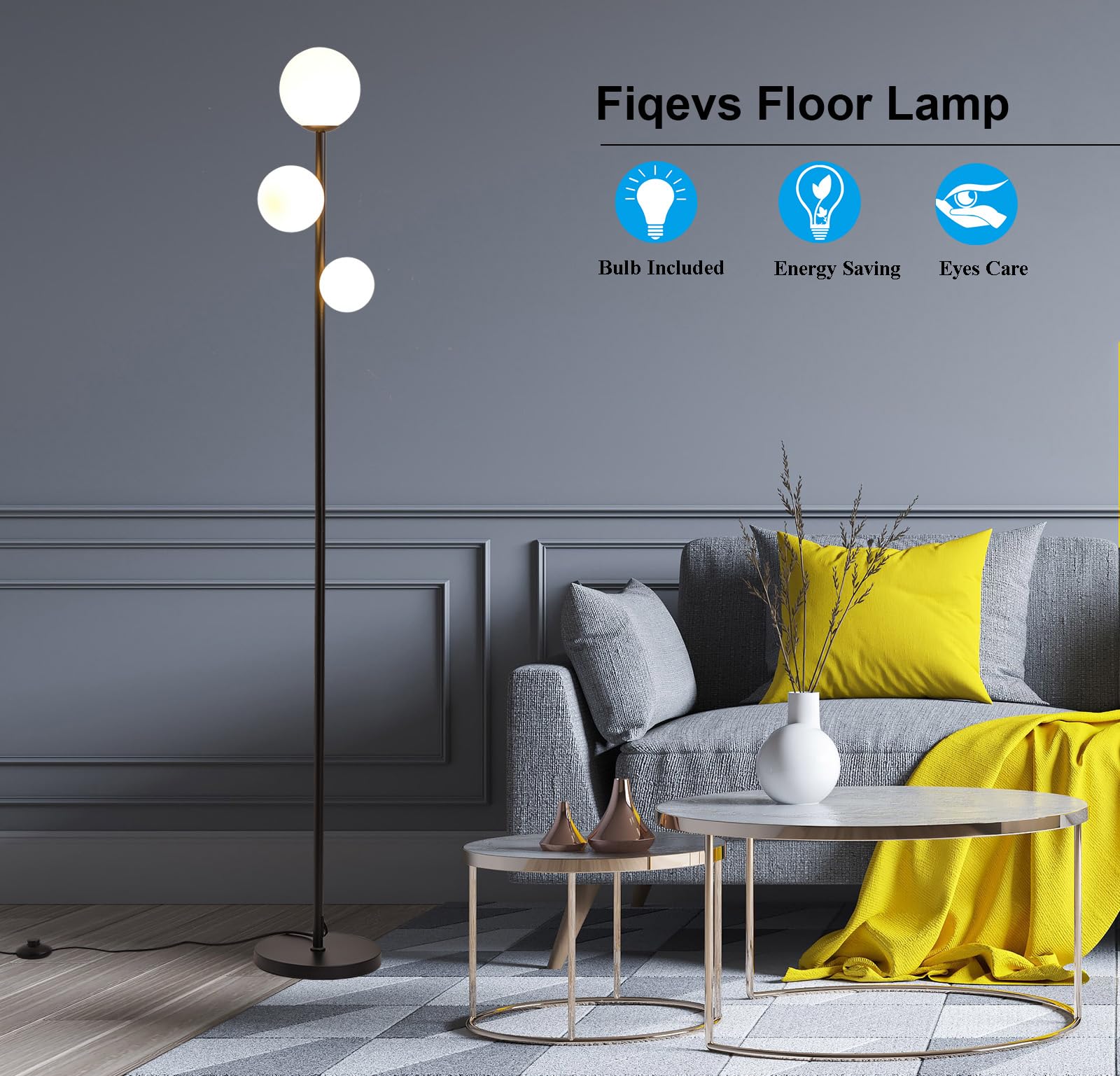 Fiqevs matte black floor lamp in a living room with modern silhouette.