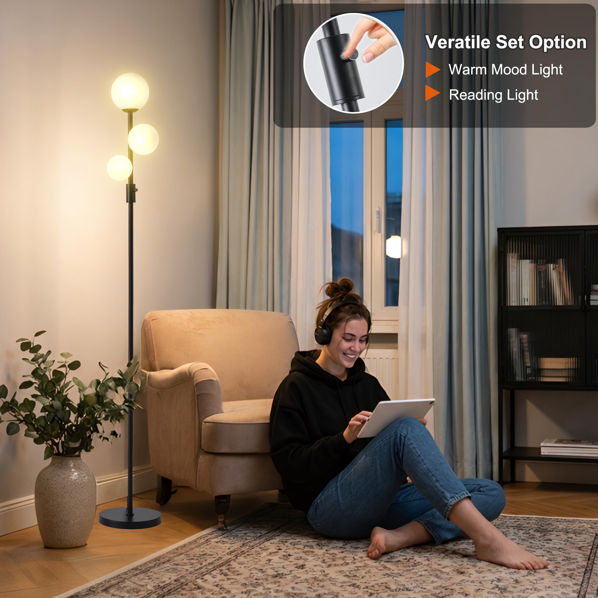 Fiqevs upgraded 3-globe floor lamp dimmer enables customizable brightness for any mood.
