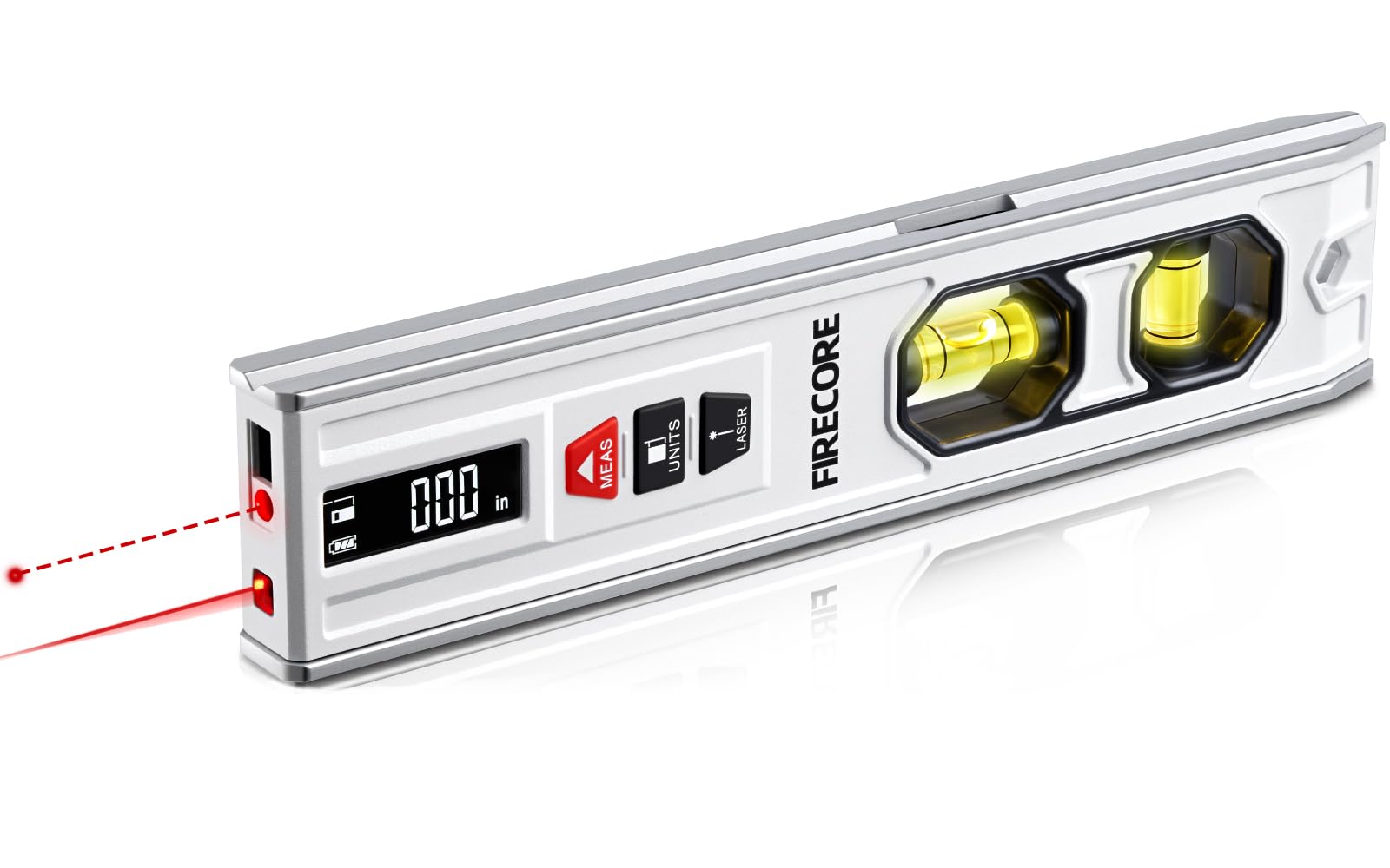 Firecore 3-in-1 spirit level with 65 ft laser measure for quick, accurate layouts.