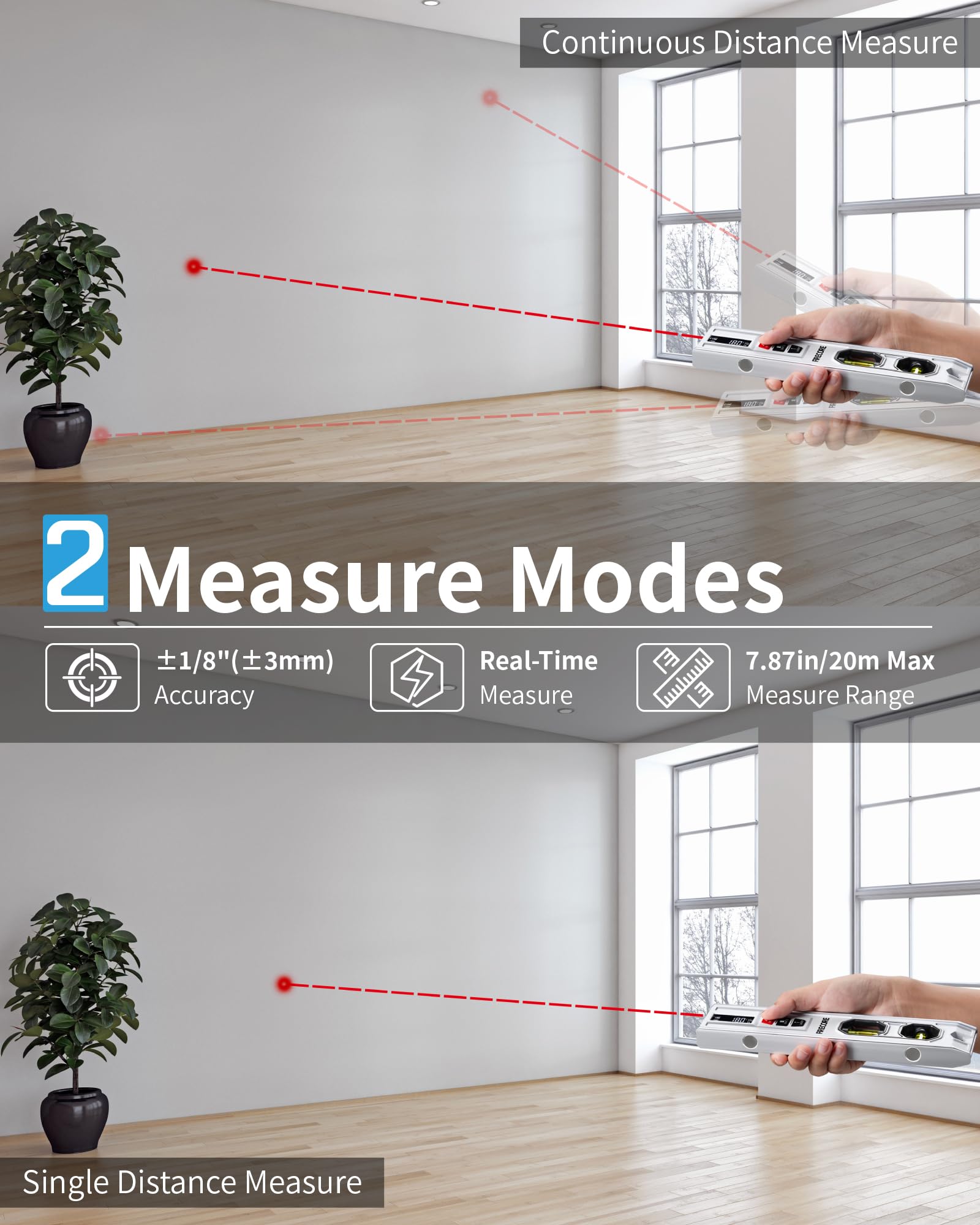 Firecore 3-in-1 level supports front and rear measurements for flexible setups.