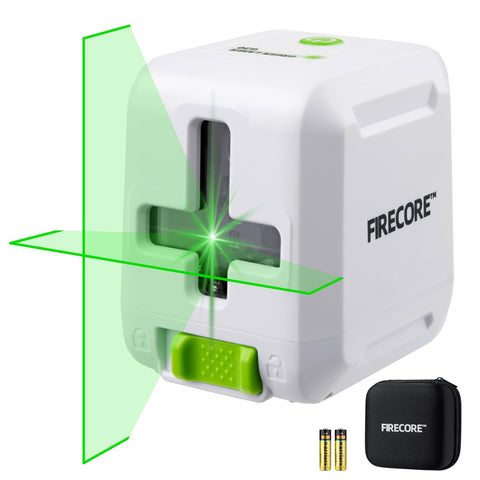 Firecore 82ft self-leveling laser with green cross line for precise alignment.