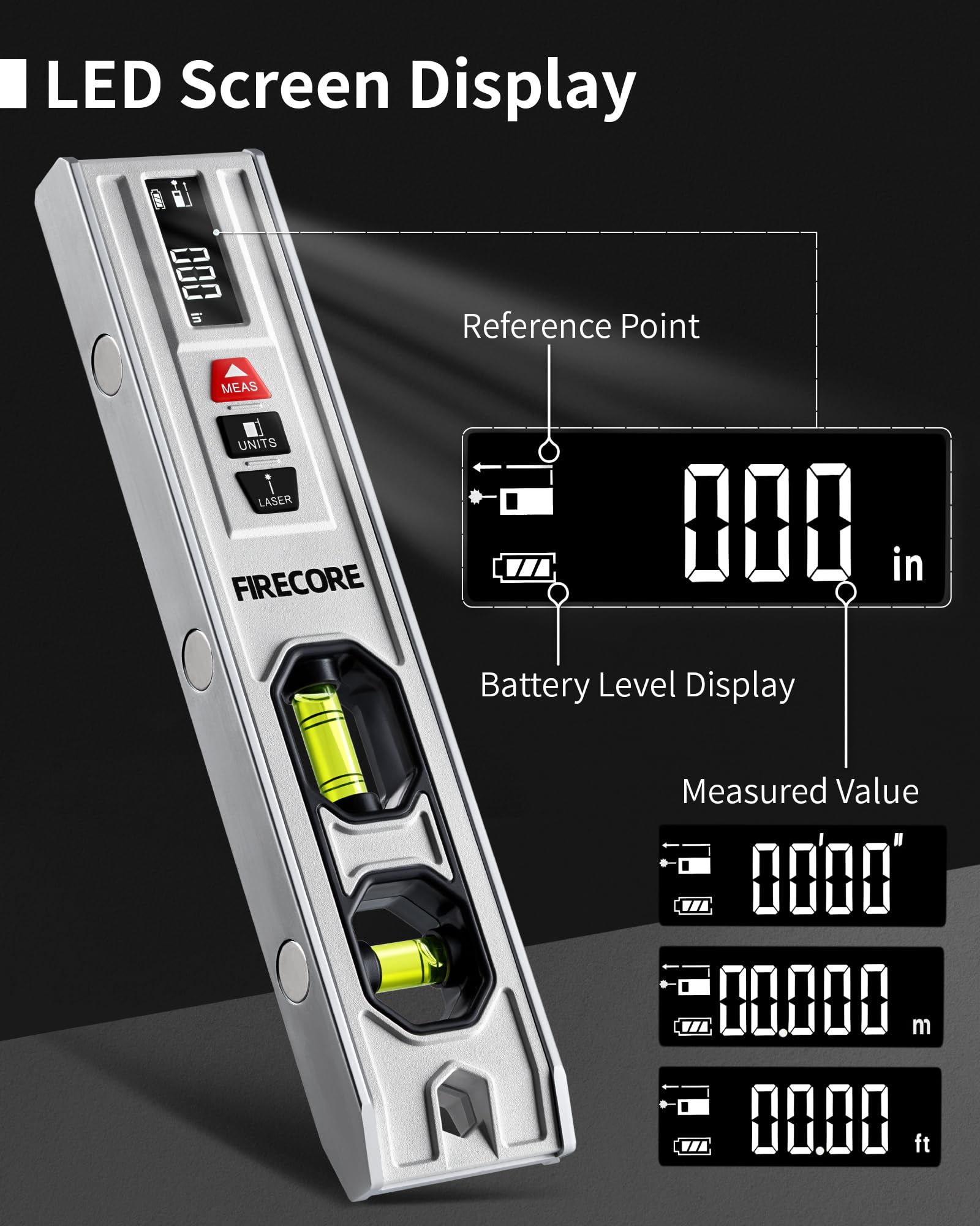 Firecore aluminum frame provides durable and precise level readings.