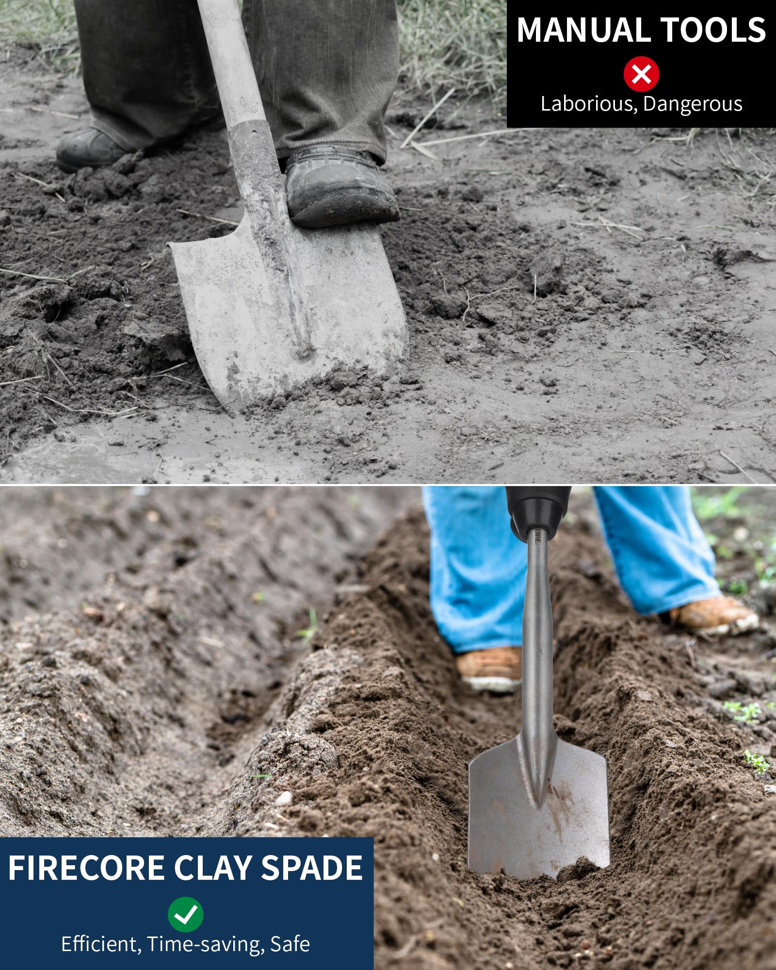 Firecore clay spade one-piece design for efficient power transfer.