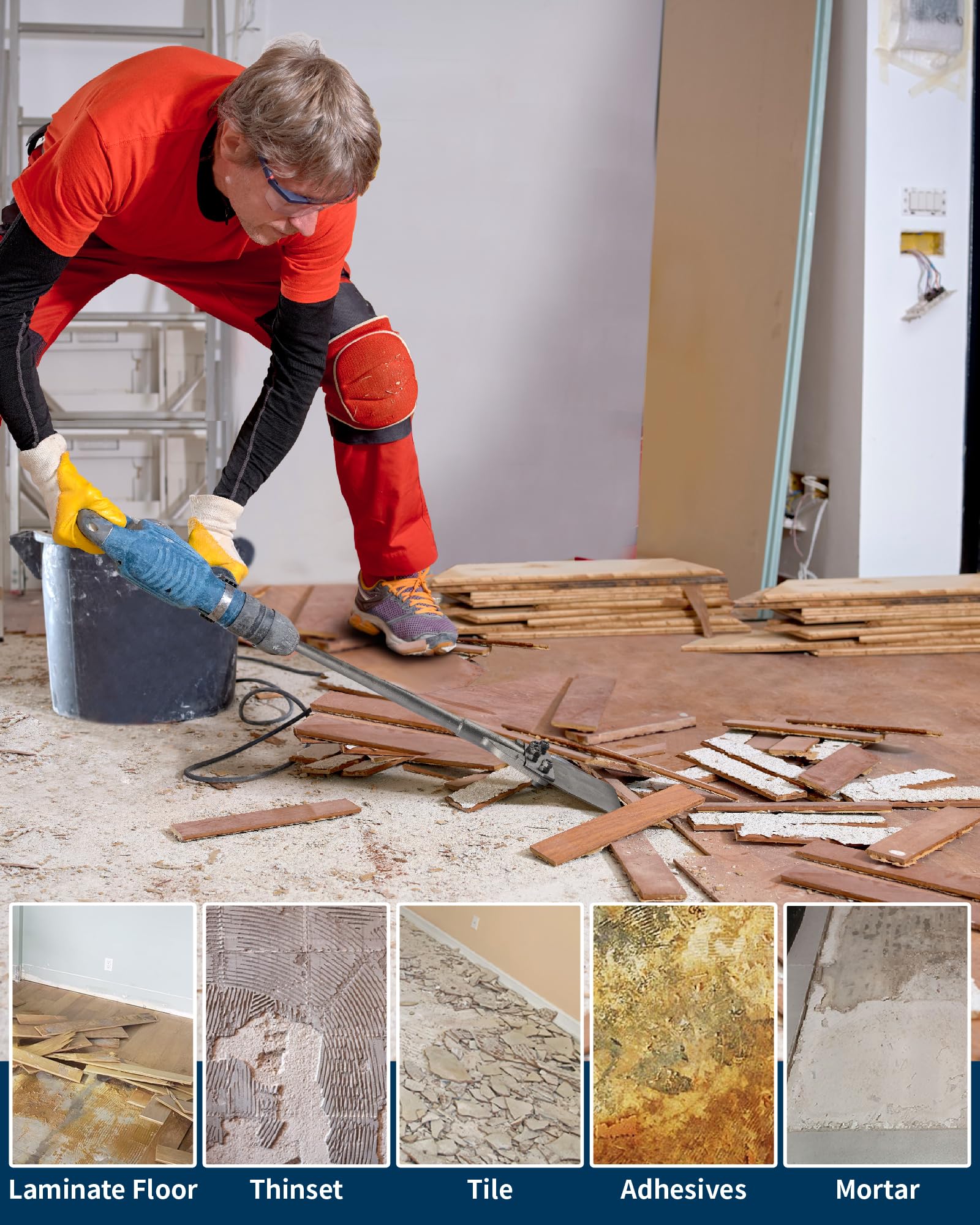 Firecore floor tile removal chisel in action on concrete surface.