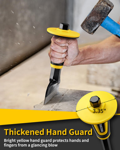 Close-up of Firecore heavy-duty chisel guard protecting hands during work