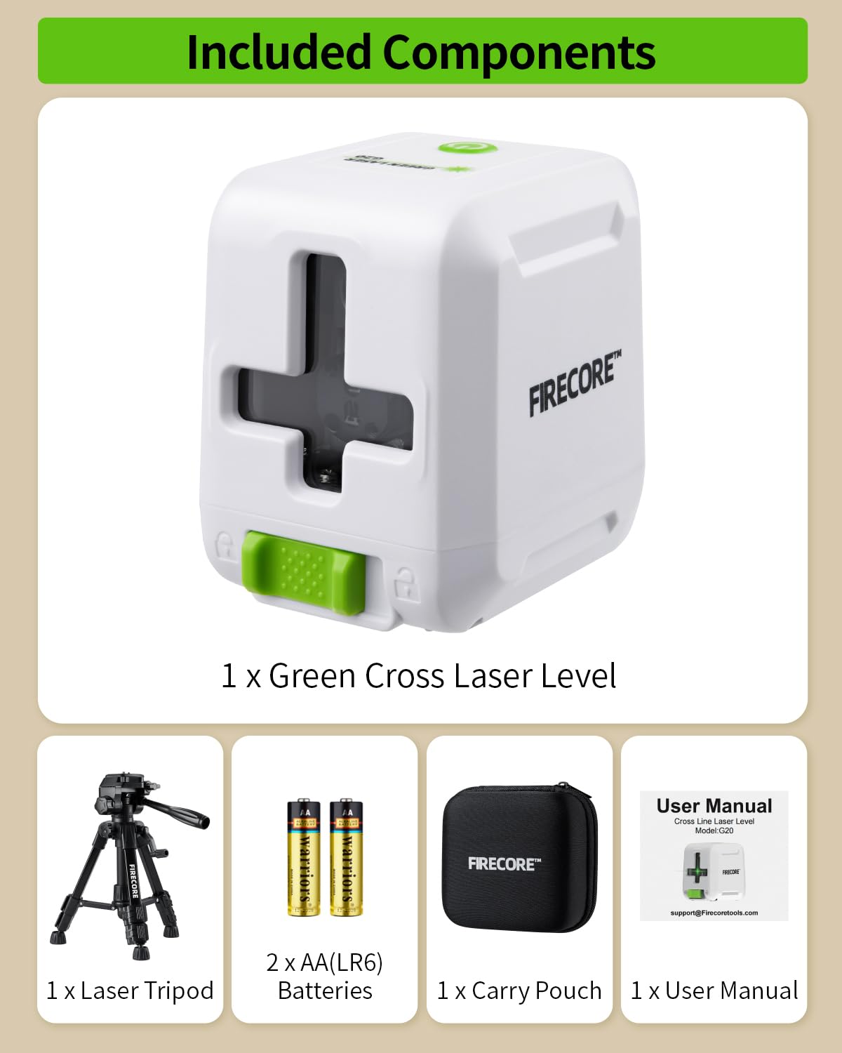 Instruction manual helps set up the Firecore laser level quickly.