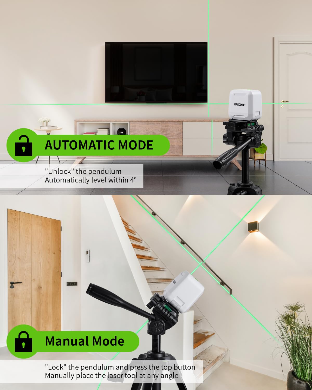 Firecore laser level in self-leveling mode for quick, level installations.
