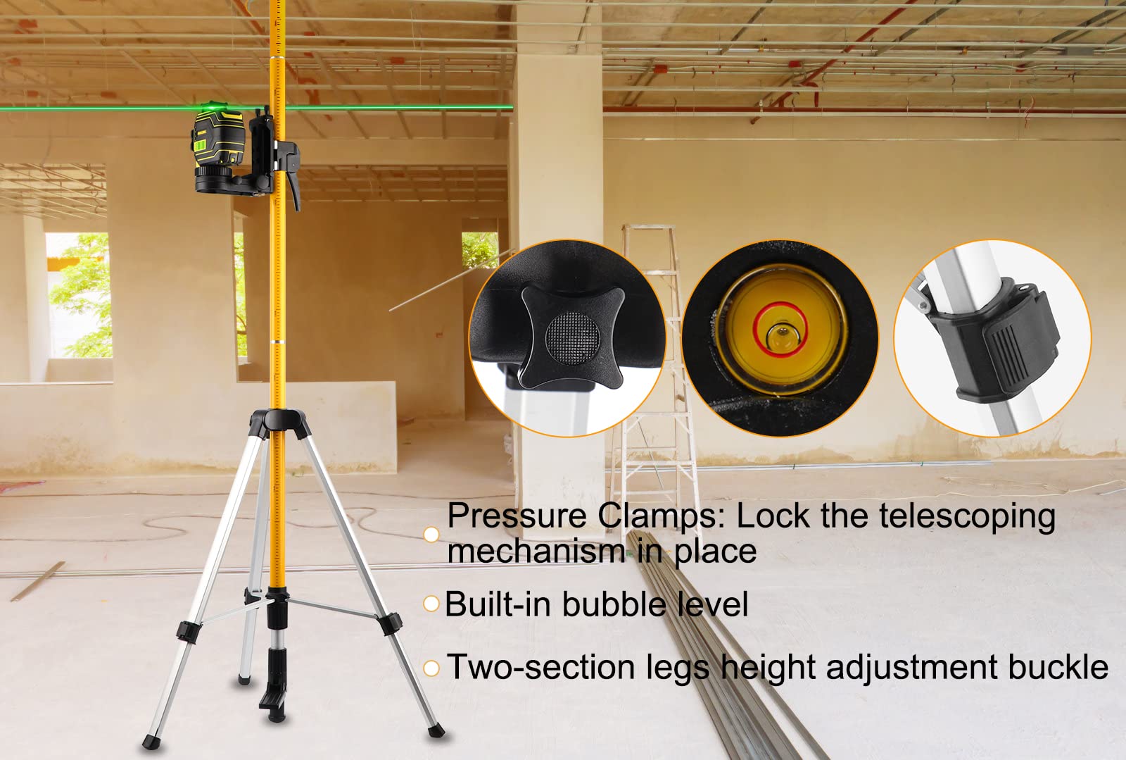 Firecore clamp with 1/4-20 and 5/8-11 adapters fits common line lasers.