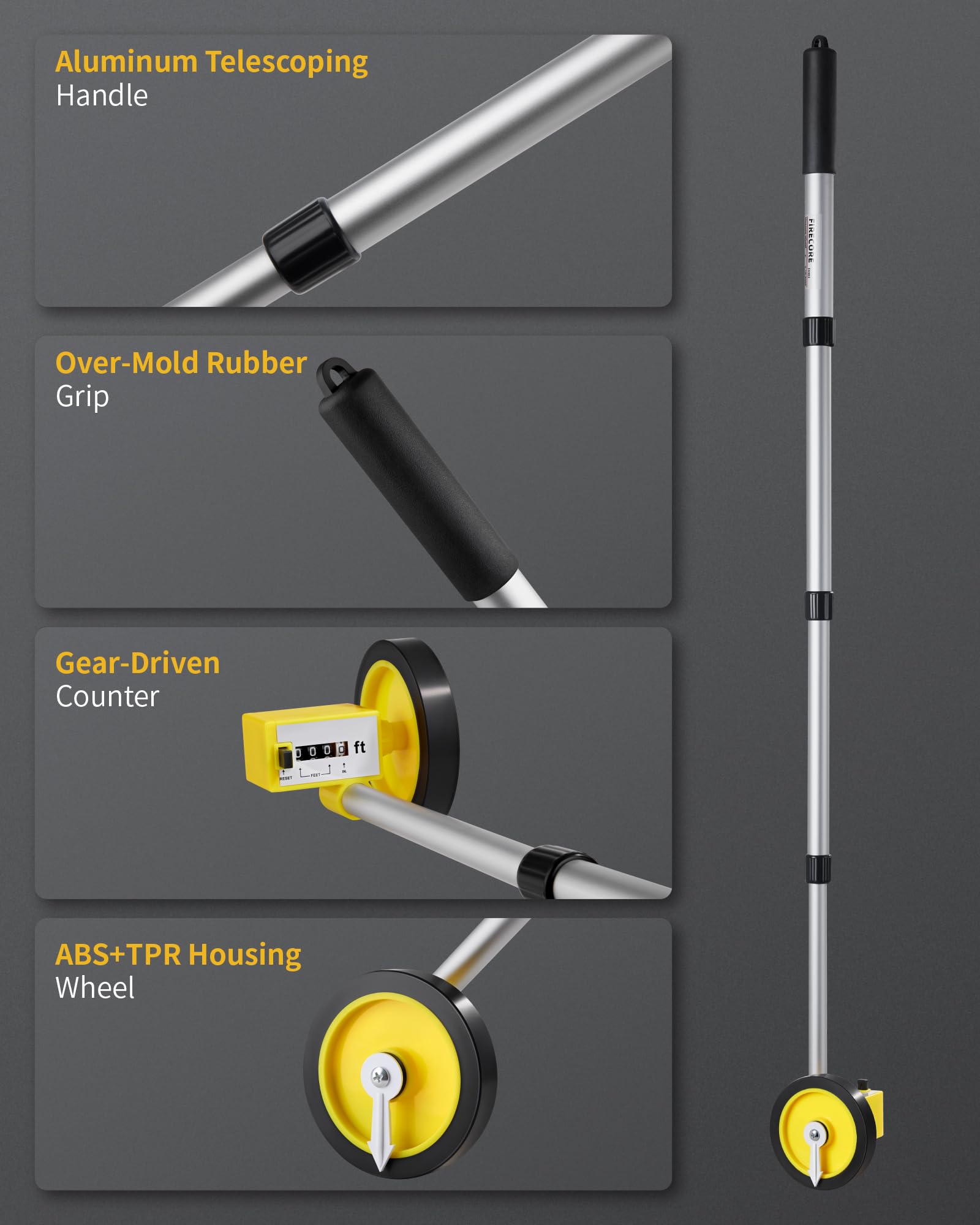 Firecore measuring wheel ABS TPR housing provides strong grip on uneven surfaces
