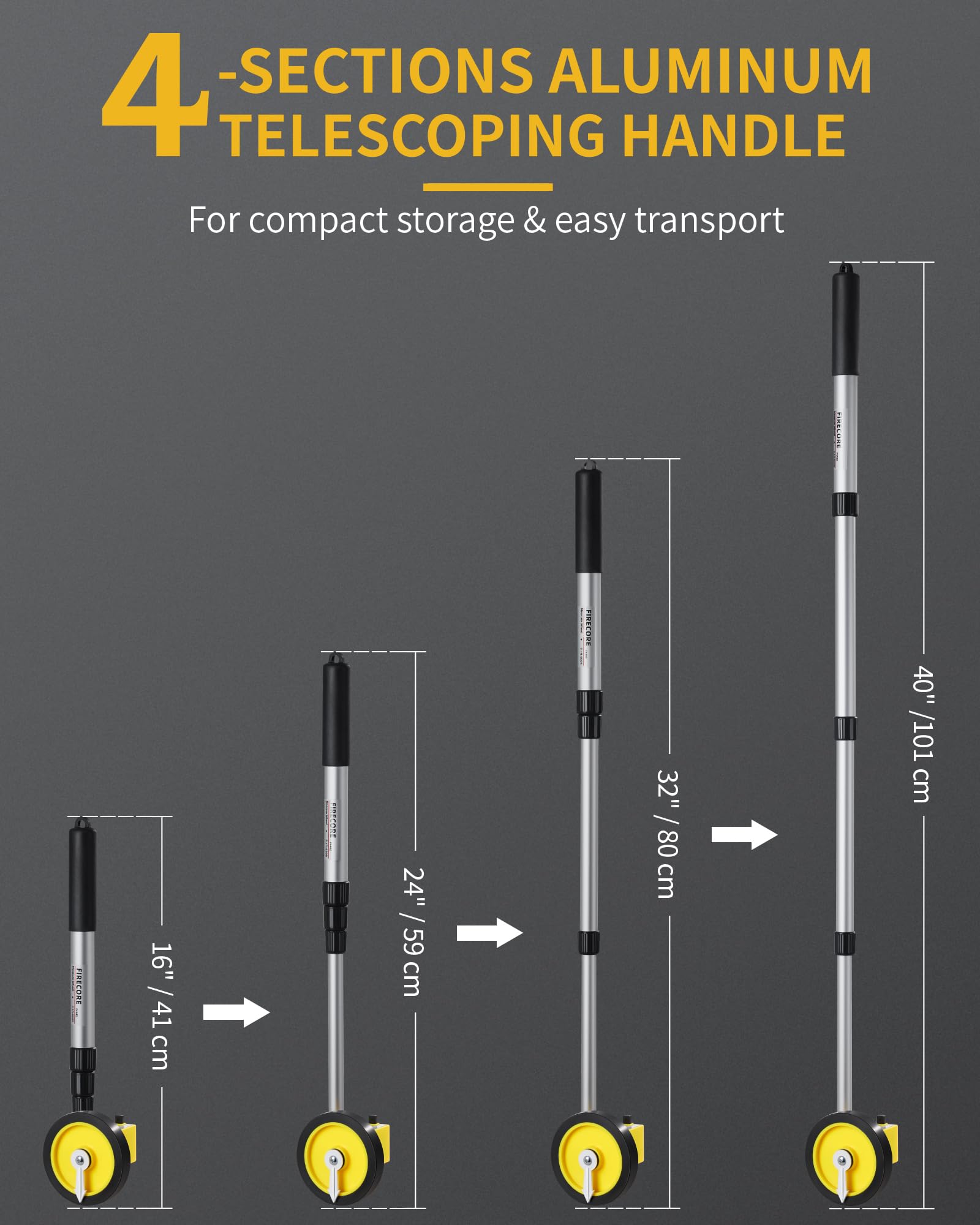 Firecore measuring wheel gear-driven counter displays precise distance up to 999 ft