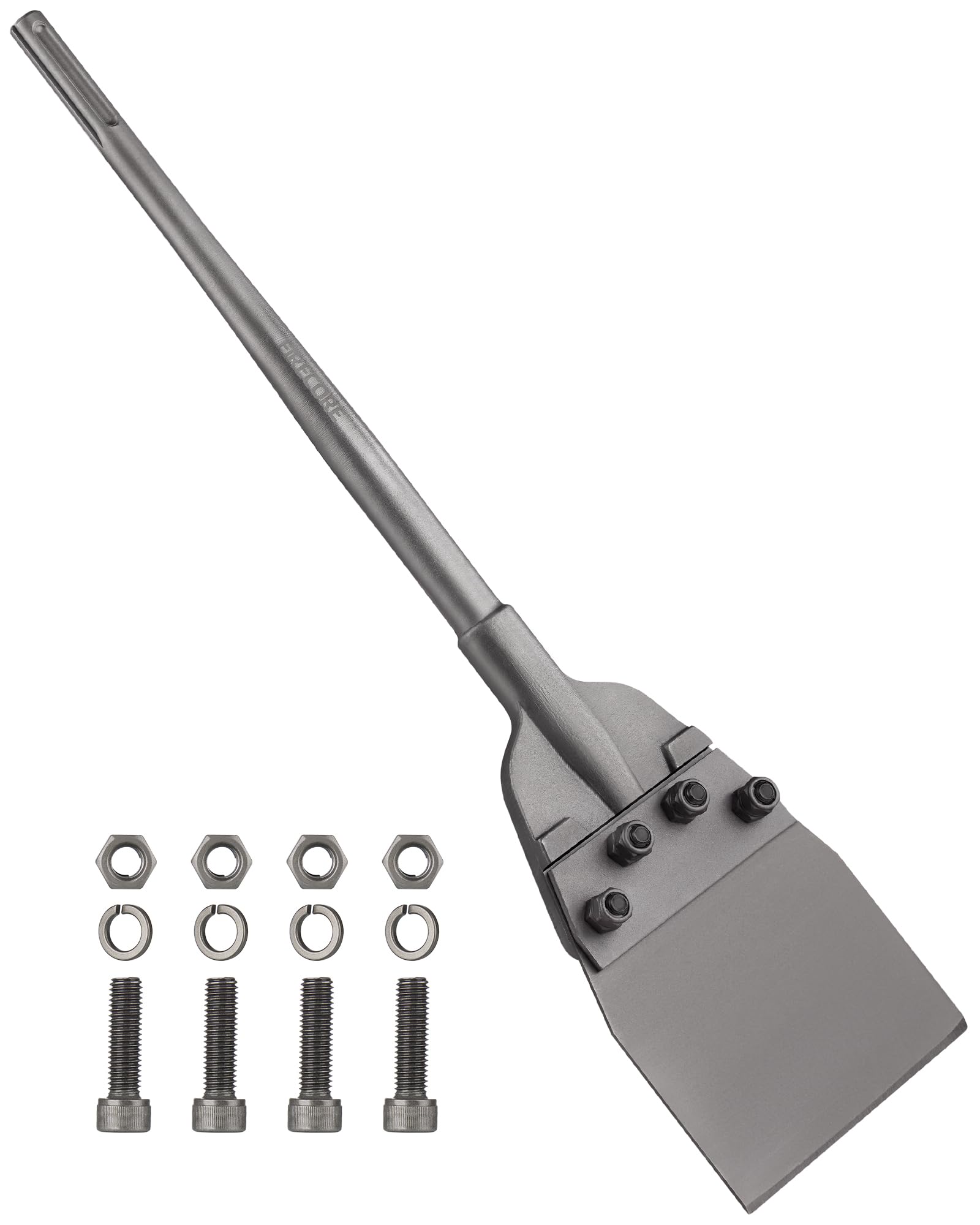 Firecore SDS Max floor scraper blade close-up for efficient tile removal.