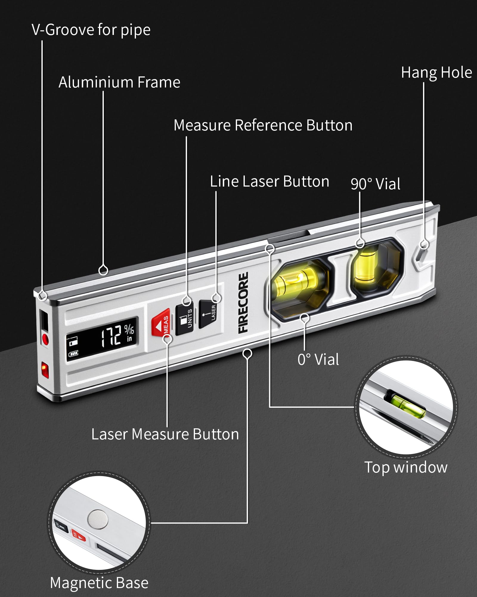 Firecore top window shows horizontal vial readings from above for convenience.