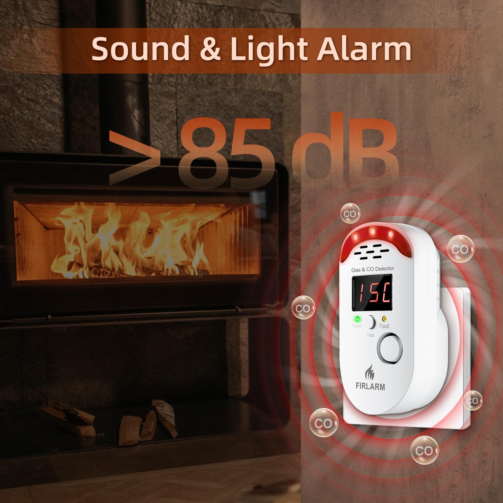 Firlarm 85dB alarm siren loudly alerts during gas or CO events.