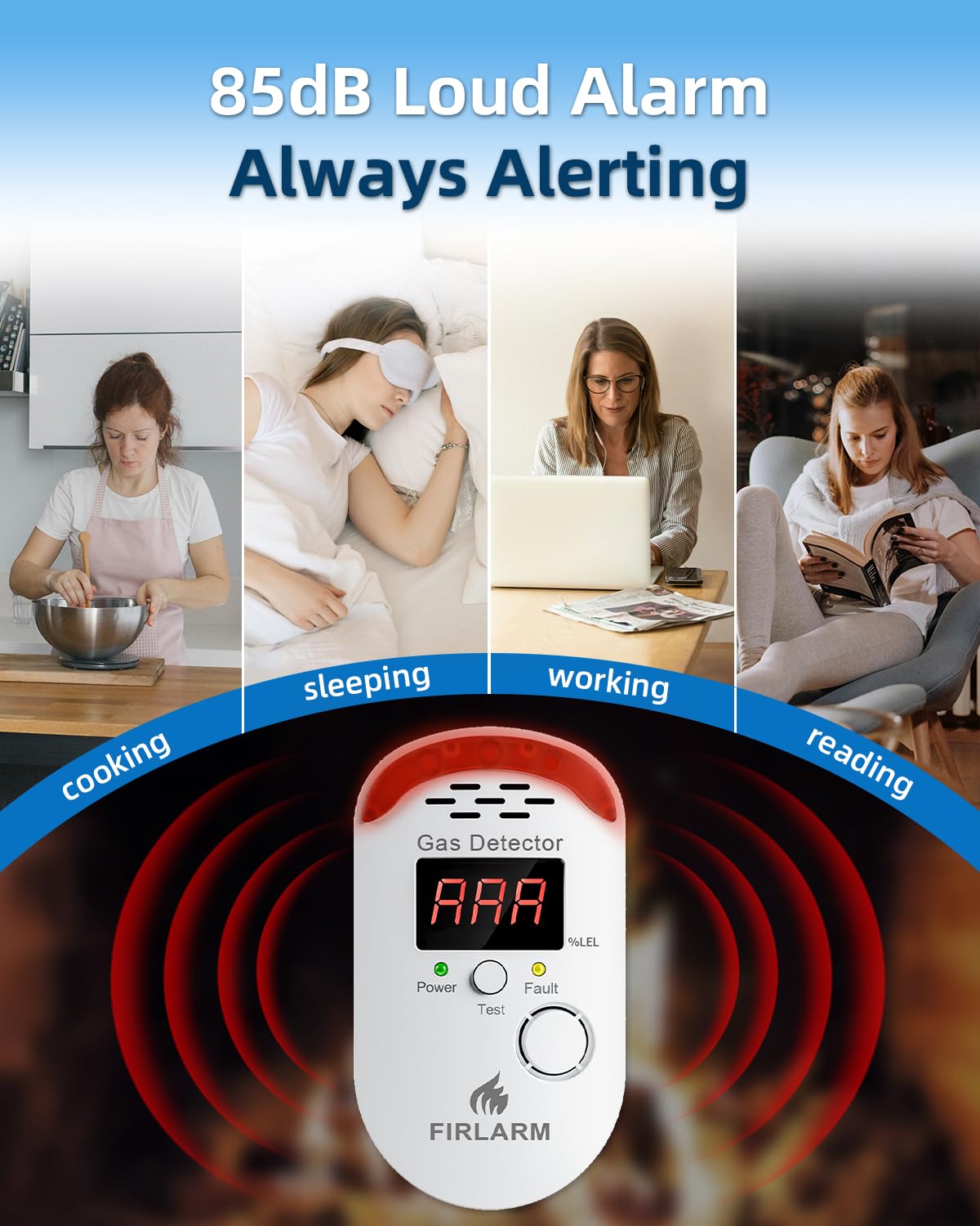 Firlarm detector audible alarm provides loud warnings even when asleep.