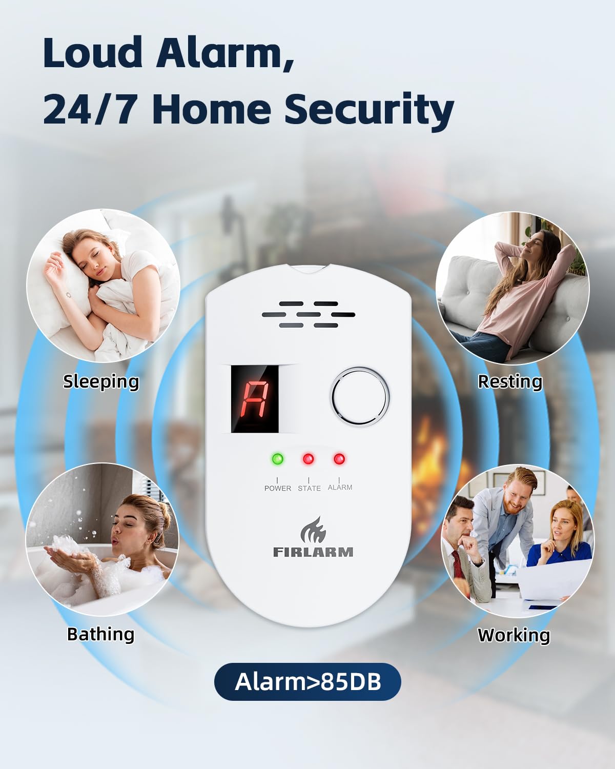 Firlarm detector alarm active with red lights and loud alert.
