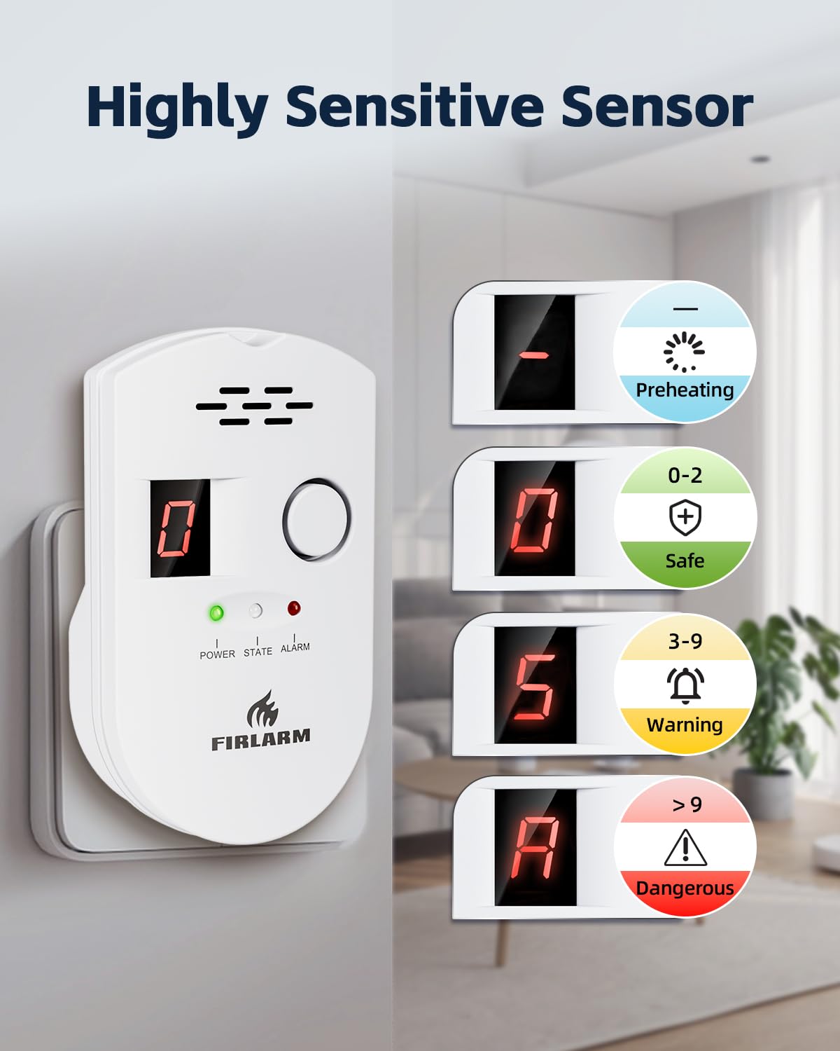Firlarm natural gas detector LED display shows real-time readings.