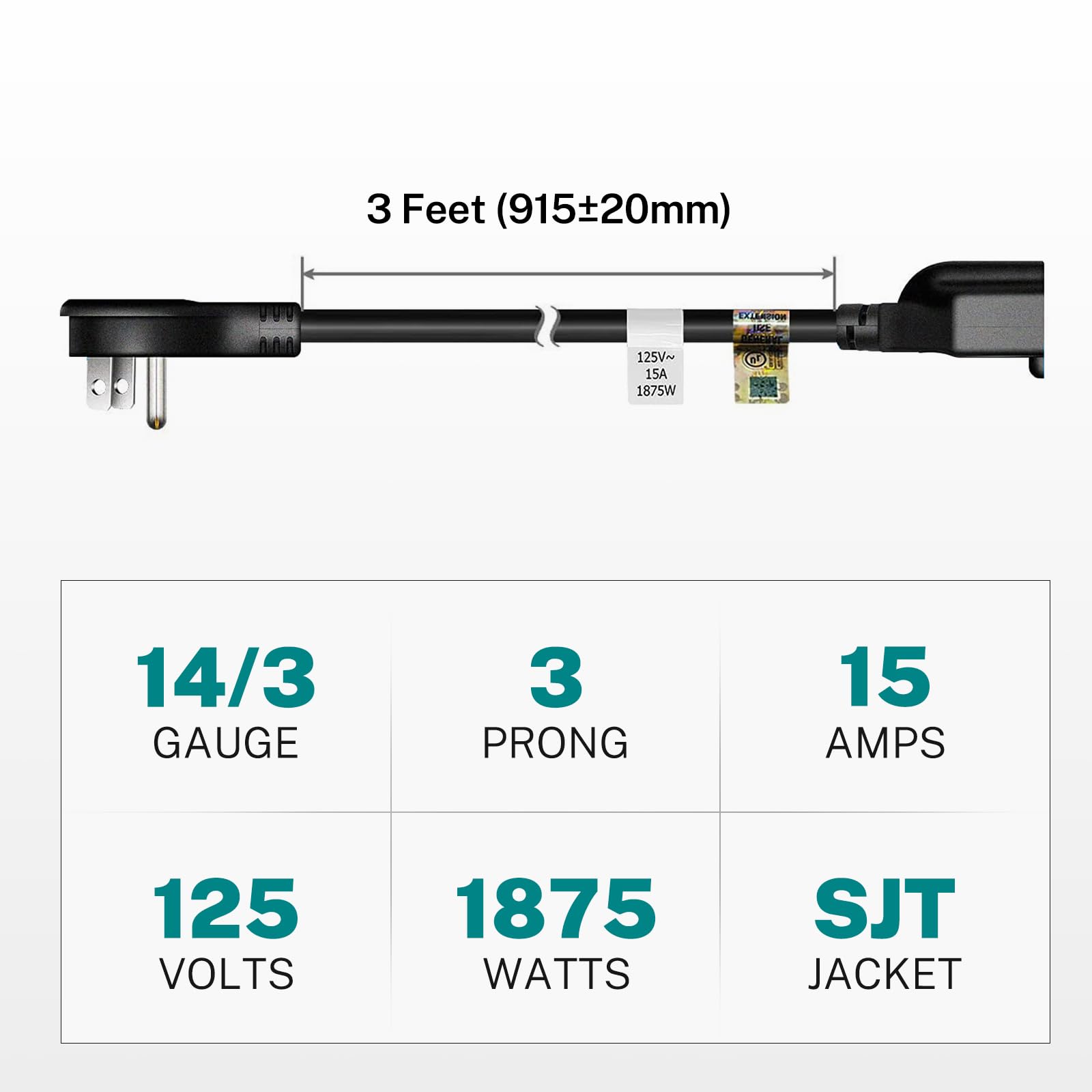 FIRMERST 14AWG extension cord, 3 ft, supports higher amperage