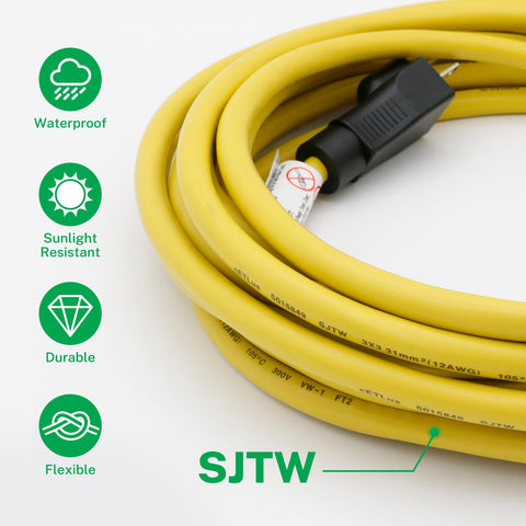 FIRMERST weatherproof extension cord withstands rain, snow, and cold.