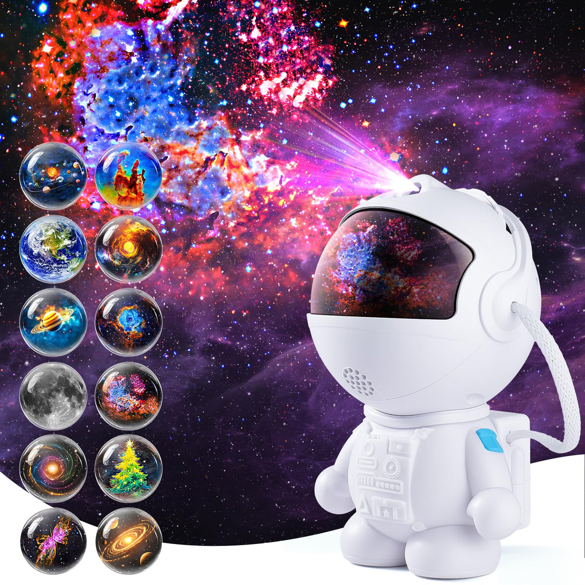 FIRPOW Astronaut Galaxy Projector front view creating immersive nebula glow in a bedroom