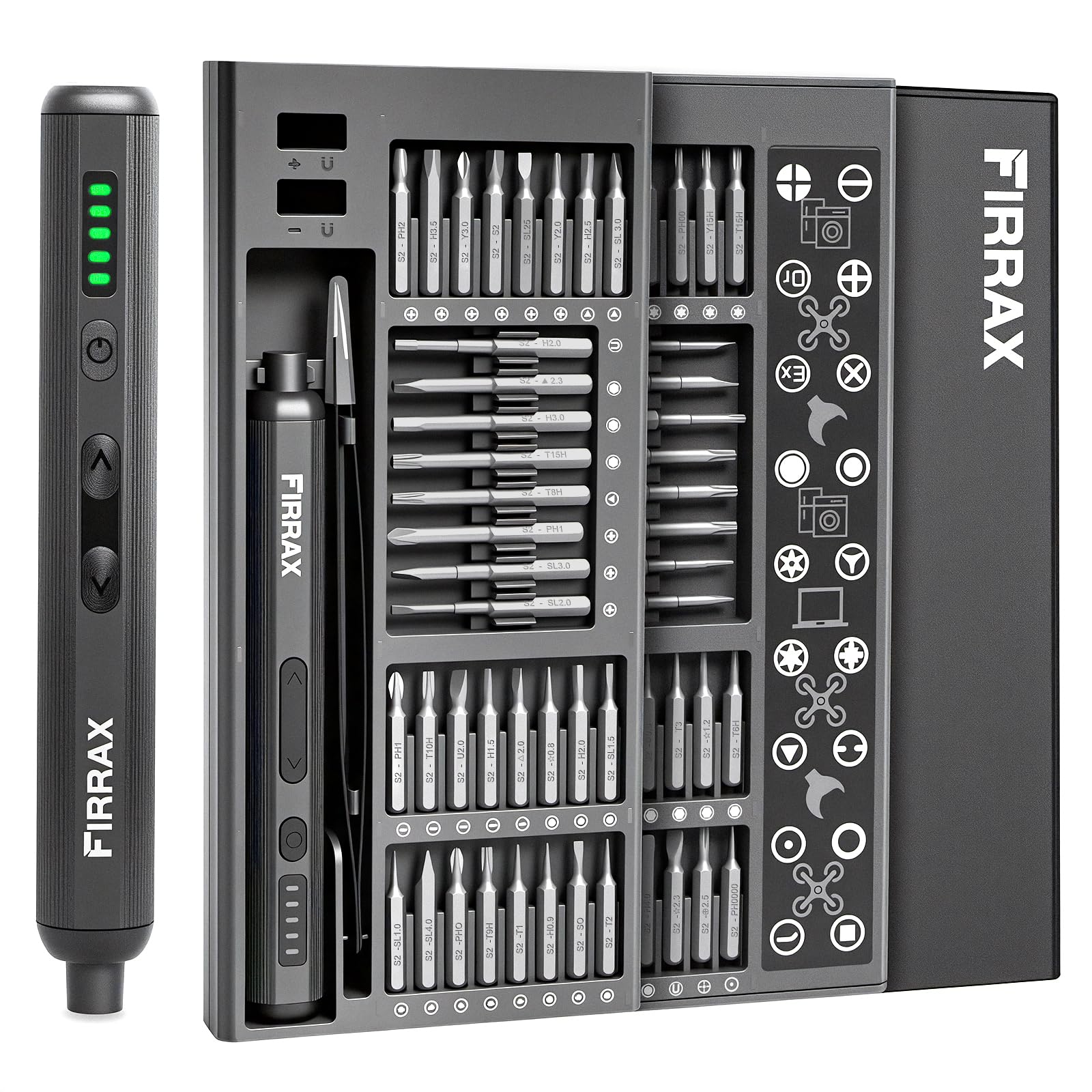 FIRRAX mini 76-in-1 screwdriver with 64 S2 bits for versatile gadget repair