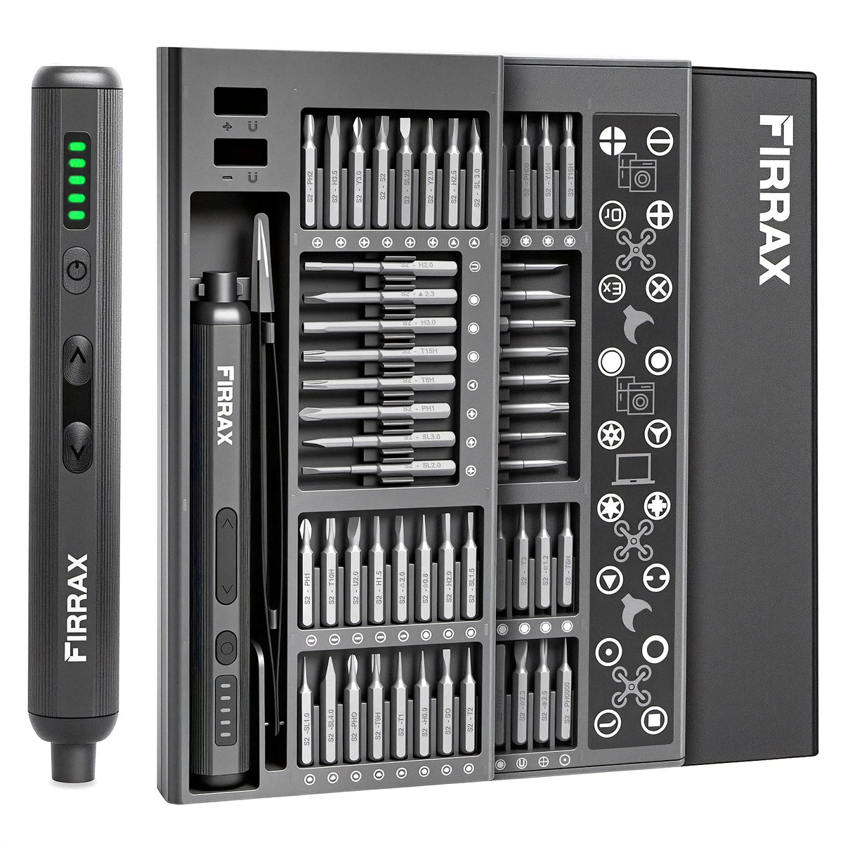FIRRAX mini 76-in-1 screwdriver with 64 S2 bits for versatile gadget repair