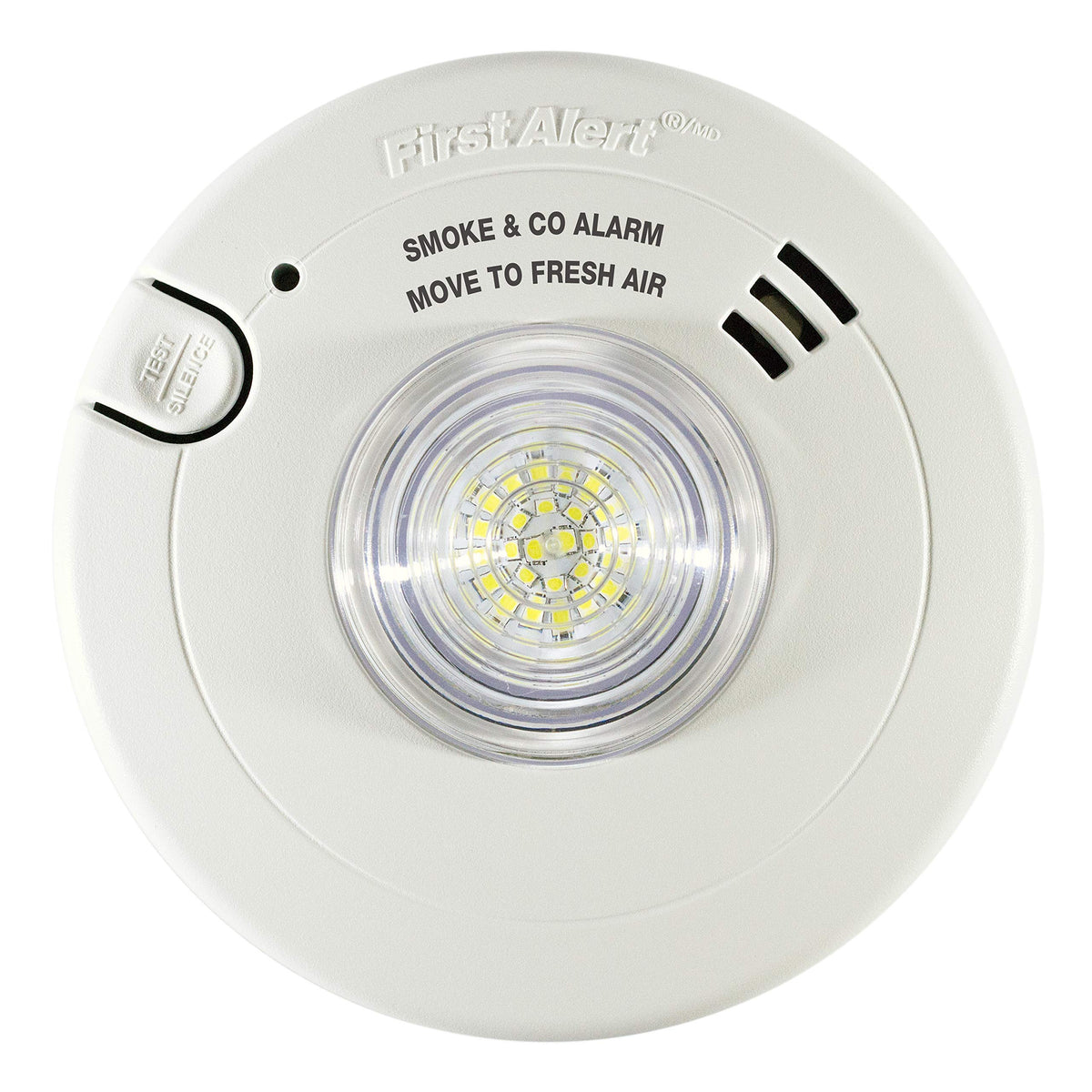 First Alert BRK 7030BSL front view showing integrated LED strobe for visual alerts.