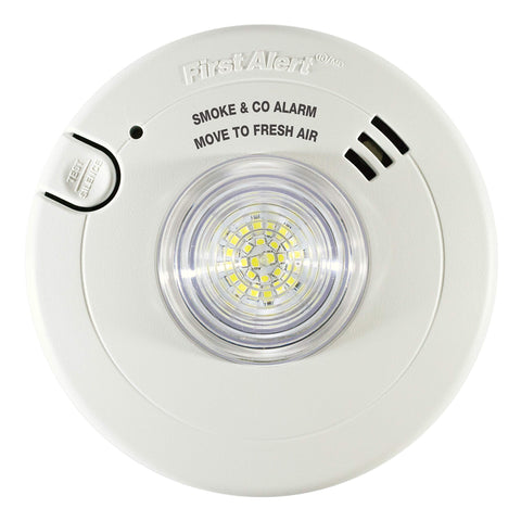First Alert BRK 7030BSL front view showing integrated LED strobe for visual alerts.